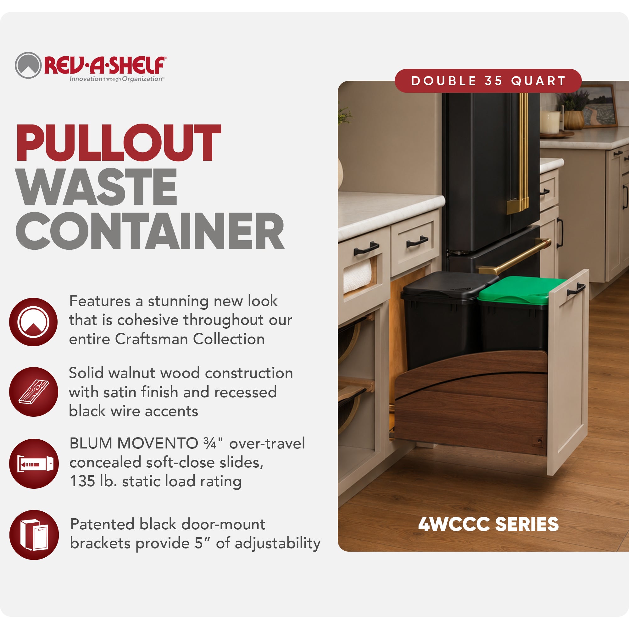 Rev-A-Shelf Walnut Double Pullout Waste Container, Soft-Close, 35 qt, Black - VMInnovations