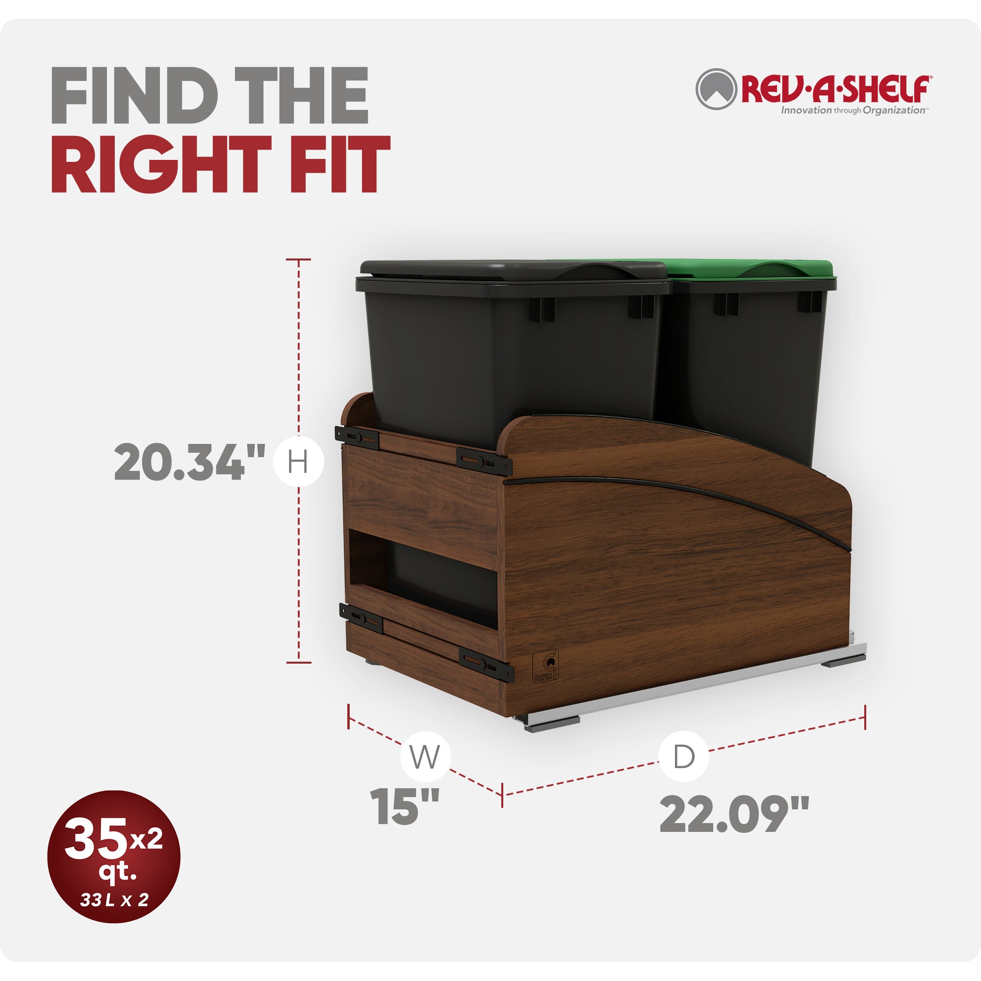 Rev-A-Shelf Walnut Double Pullout Waste Container, Soft-Close, 35 qt, Black - VMInnovations
