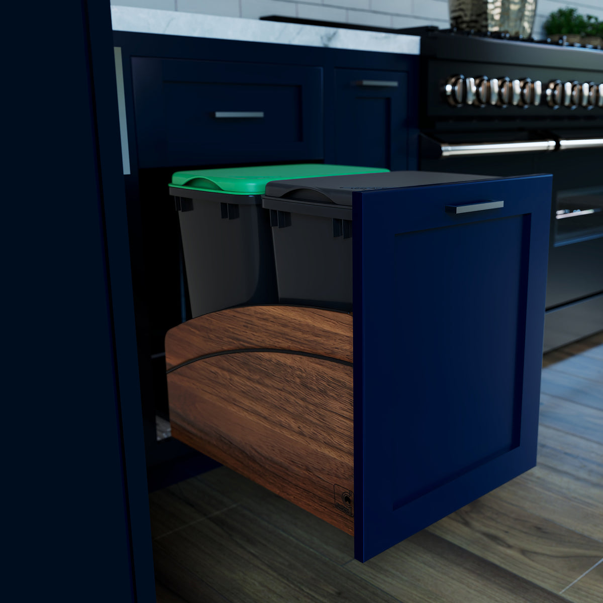 Rev-A-Shelf Walnut Double Pullout Waste Container, Soft-Close, 35 qt, Black - VMInnovations