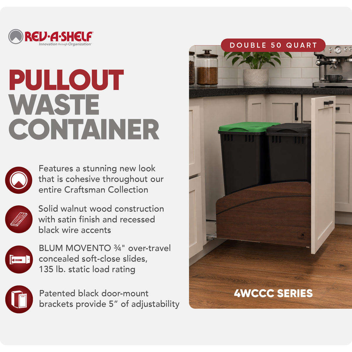 Rev-A-Shelf Walnut Double Pullout Waste Container, Soft-Close, 50 qt, Black - VMInnovations