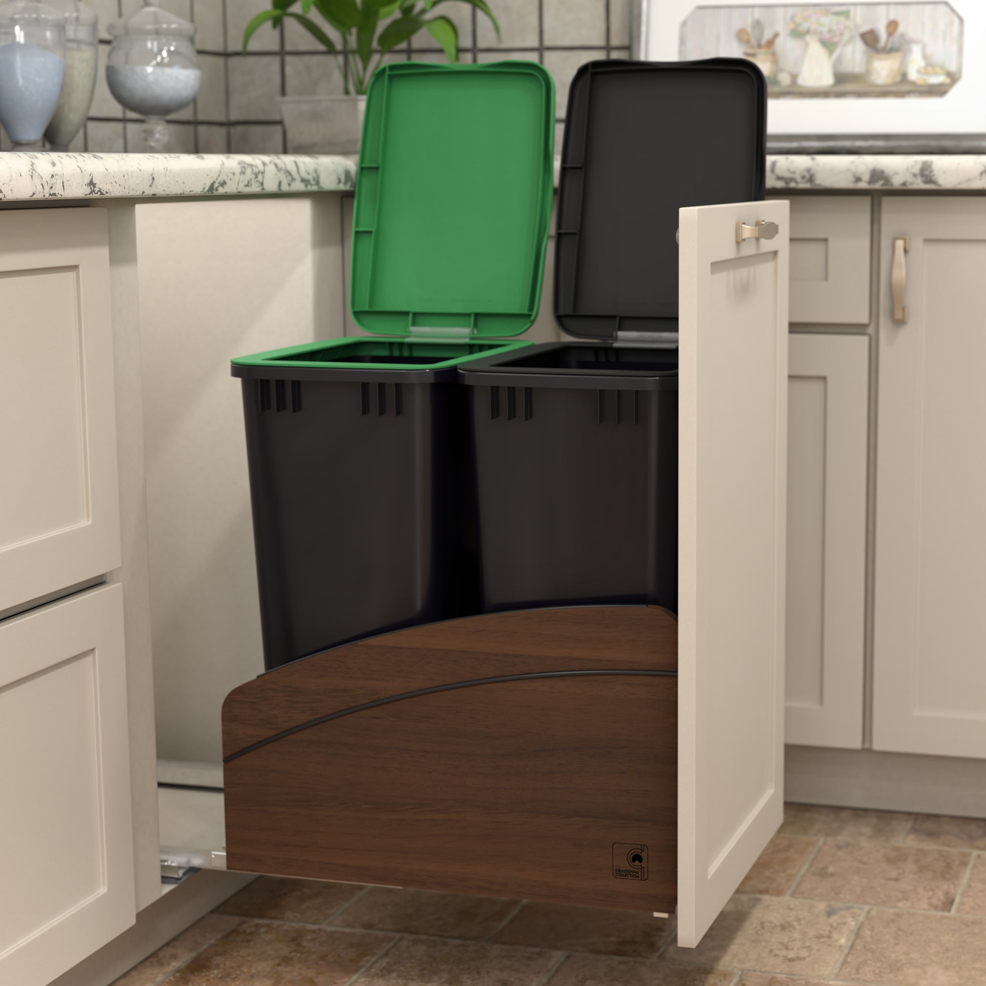 Rev-A-Shelf Walnut Double Pullout Waste Container, Soft-Close, 50 qt, Black - VMInnovations