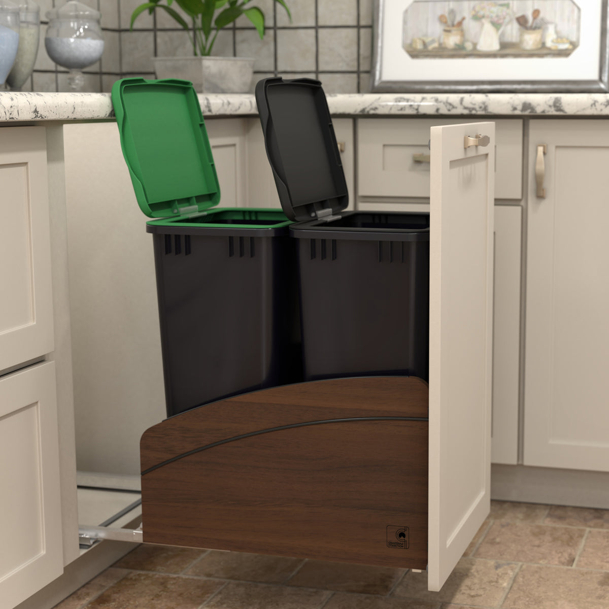 Rev-A-Shelf Walnut Double Pullout Waste Container, Soft-Close, 50 qt, Black - VMInnovations