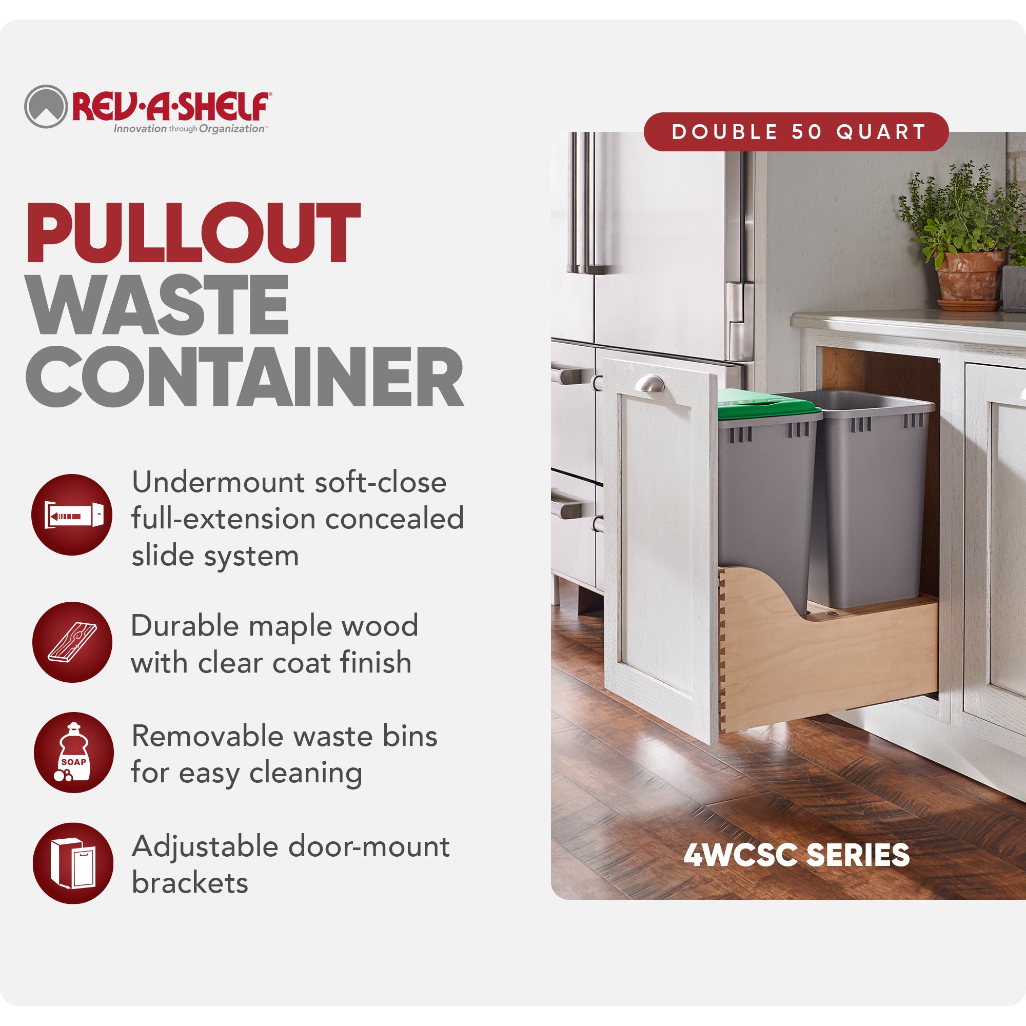 Rev-A-Shelf Wood Double Pullout Waste Container, Soft-Close, 50 qt, Silver - VMInnovations