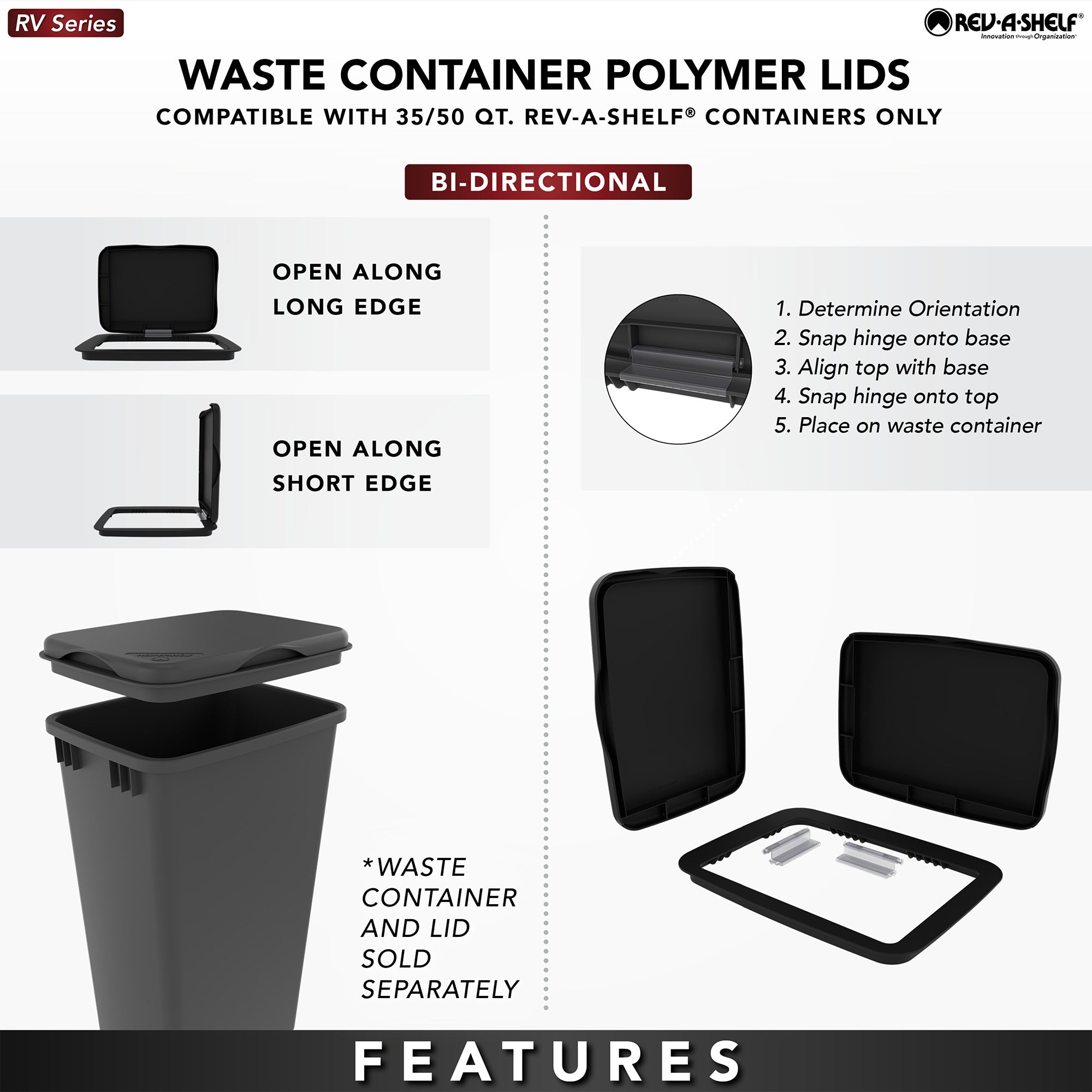 Rev-A-Shelf Kitchen Waste Container & Trash Can Lid, Fits 35 & 50 Qt, White