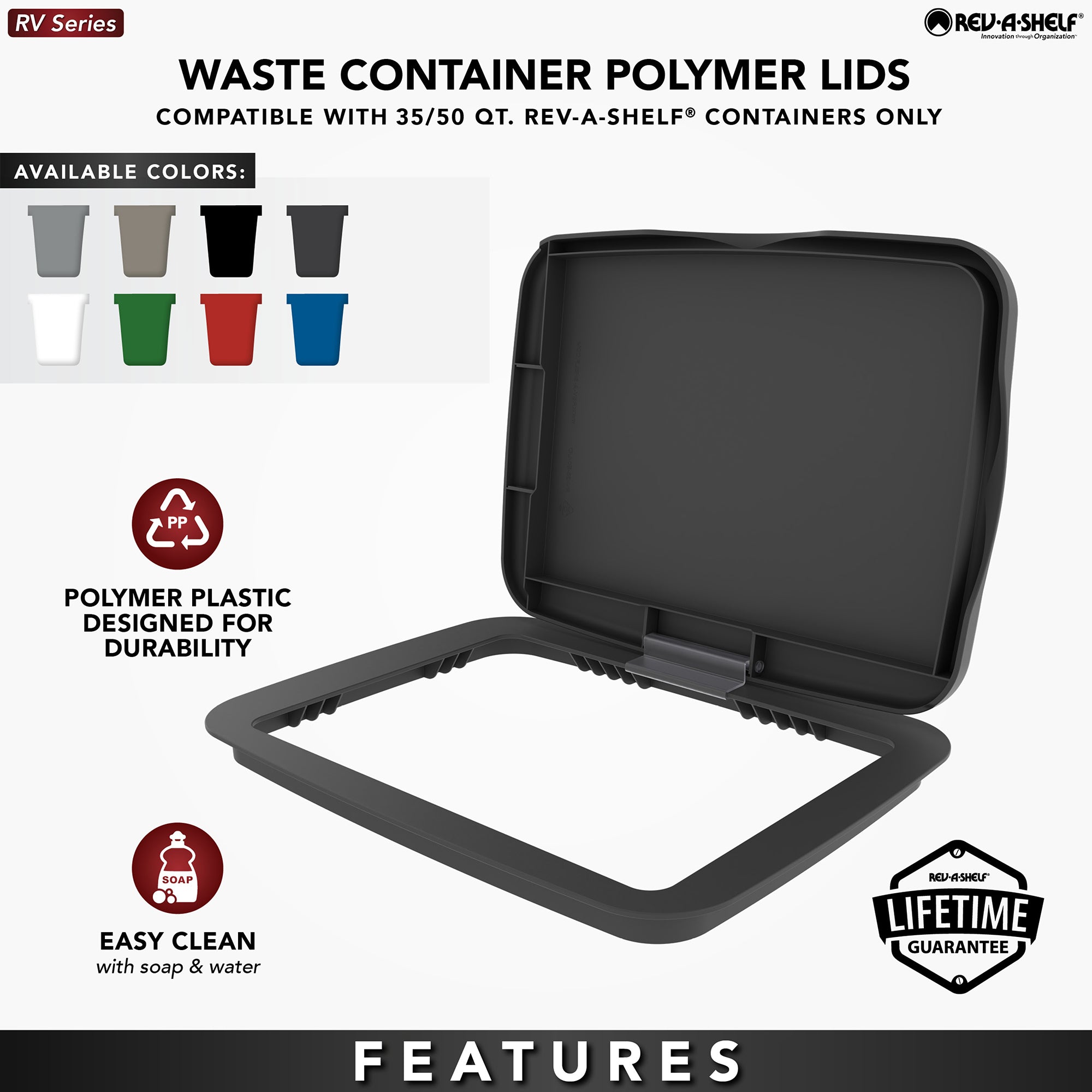 Rev-A-Shelf Kitchen Waste Container & Trash Can Lid, Fits 35 & 50 Qt, Blue
