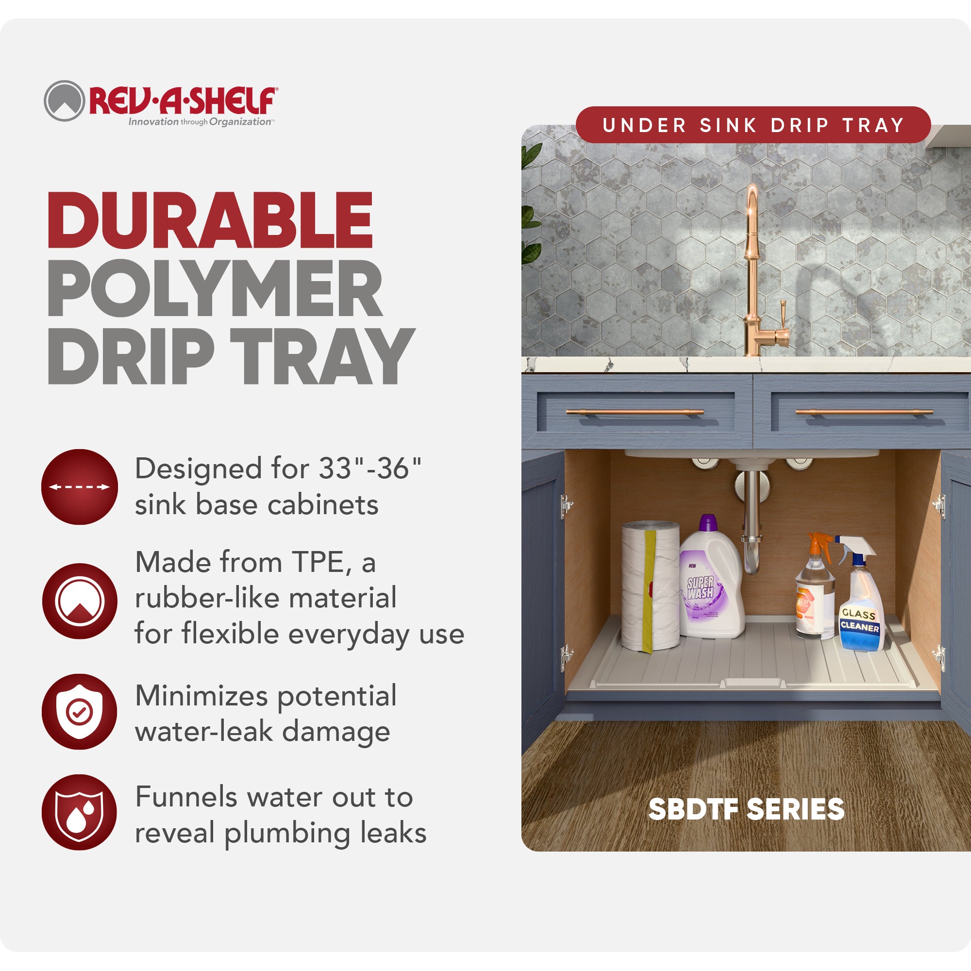 Rev-A-Shelf Under Sink Drip Tray for Sink Base Cabinets, Fits 33" - 36" - VMInnovations
