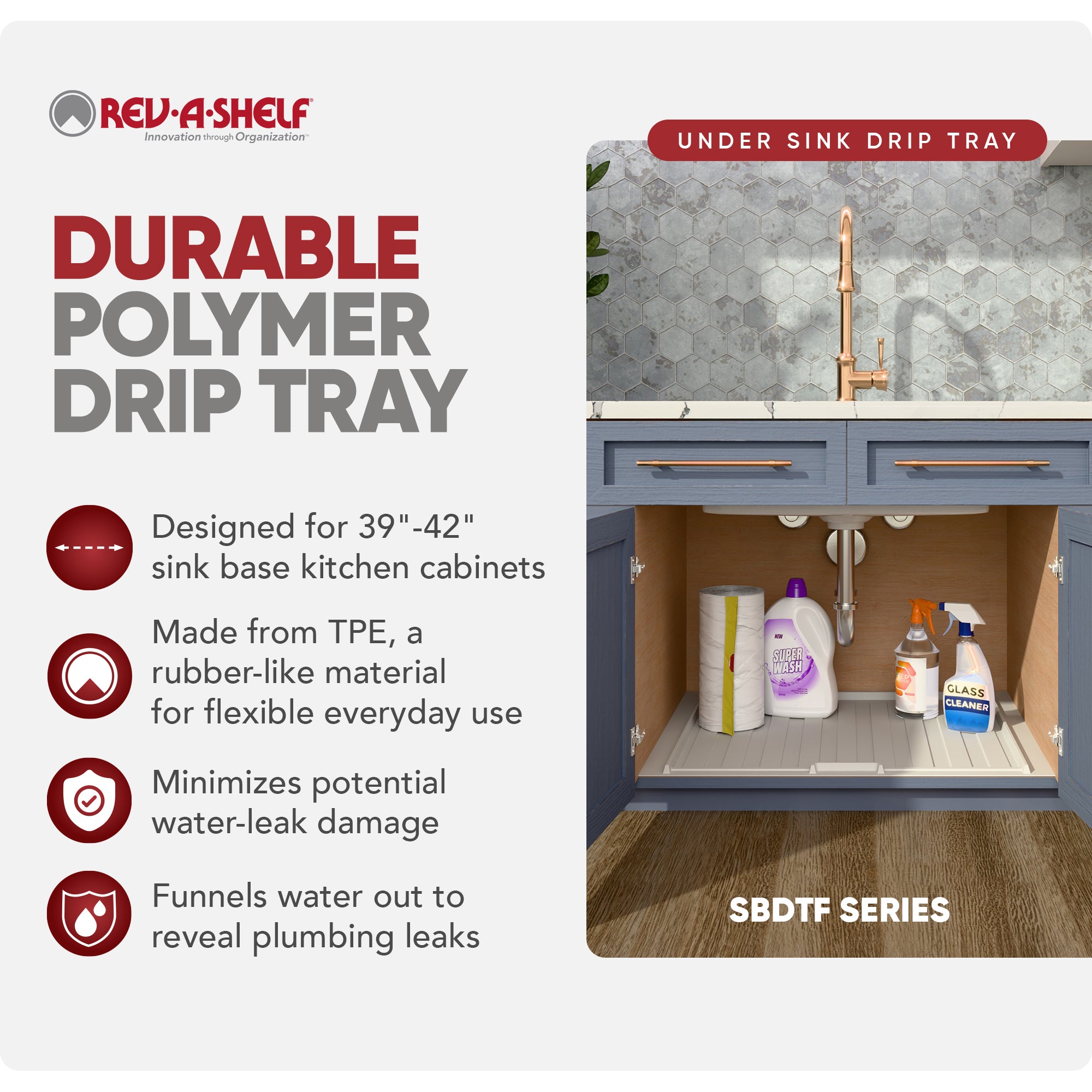 Rev-A-Shelf Under Sink Drip Tray for Sink Base Cabinets, Fits 39" - 42" - VMInnovations