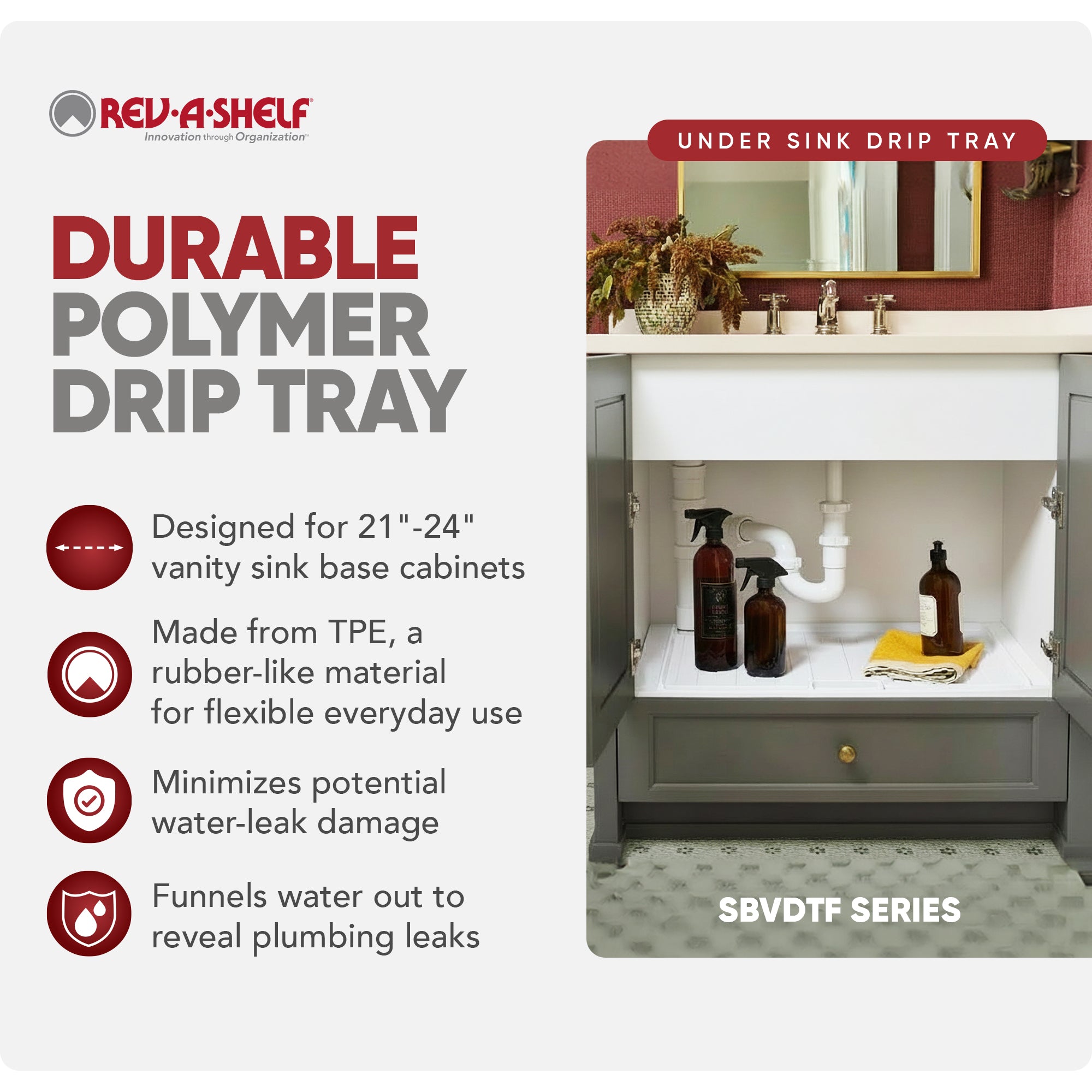 Rev-A-Shelf Under Sink Drip Tray for Vanity Base Cabinets, Fits 21" - 24" - VMInnovations
