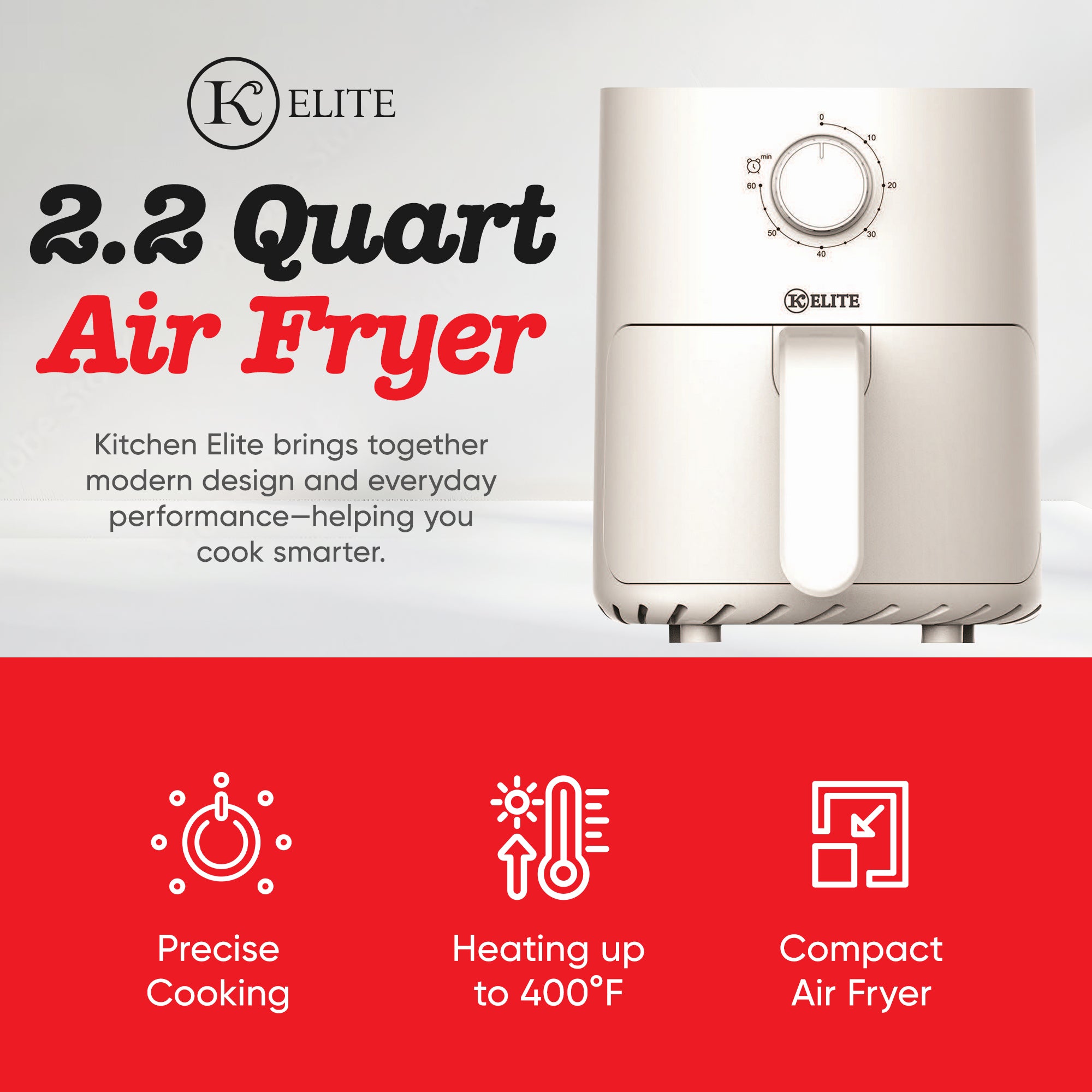 Kitchen Elite 2.2 Qt Compact Mechanical Air Fryer, Manual Knob Control, White (Open Box)