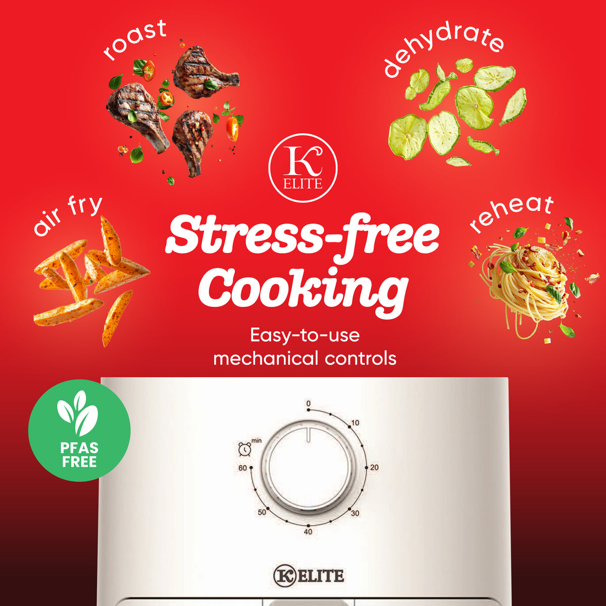 Kitchen Elite 2.2 Qt Compact Mechanical Air Fryer, Manual Knob Control, White (Open Box)