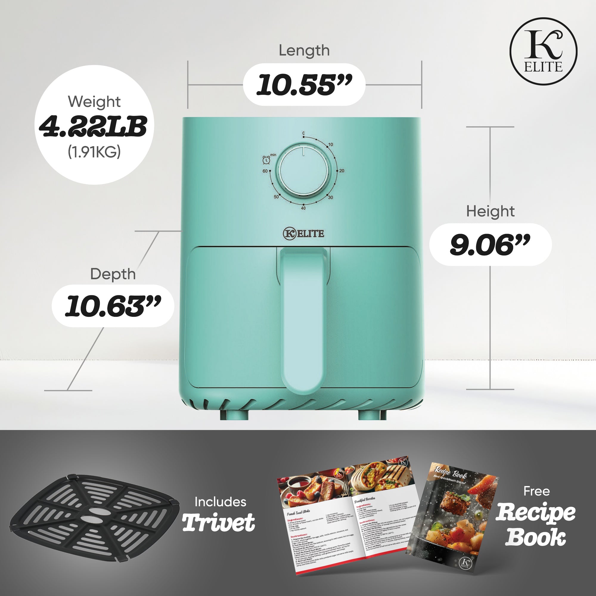 Kitchen Elite 2.2 Qt Compact Mechanical Air Fryer, Manual Knob Controls, Blue - VMInnovations