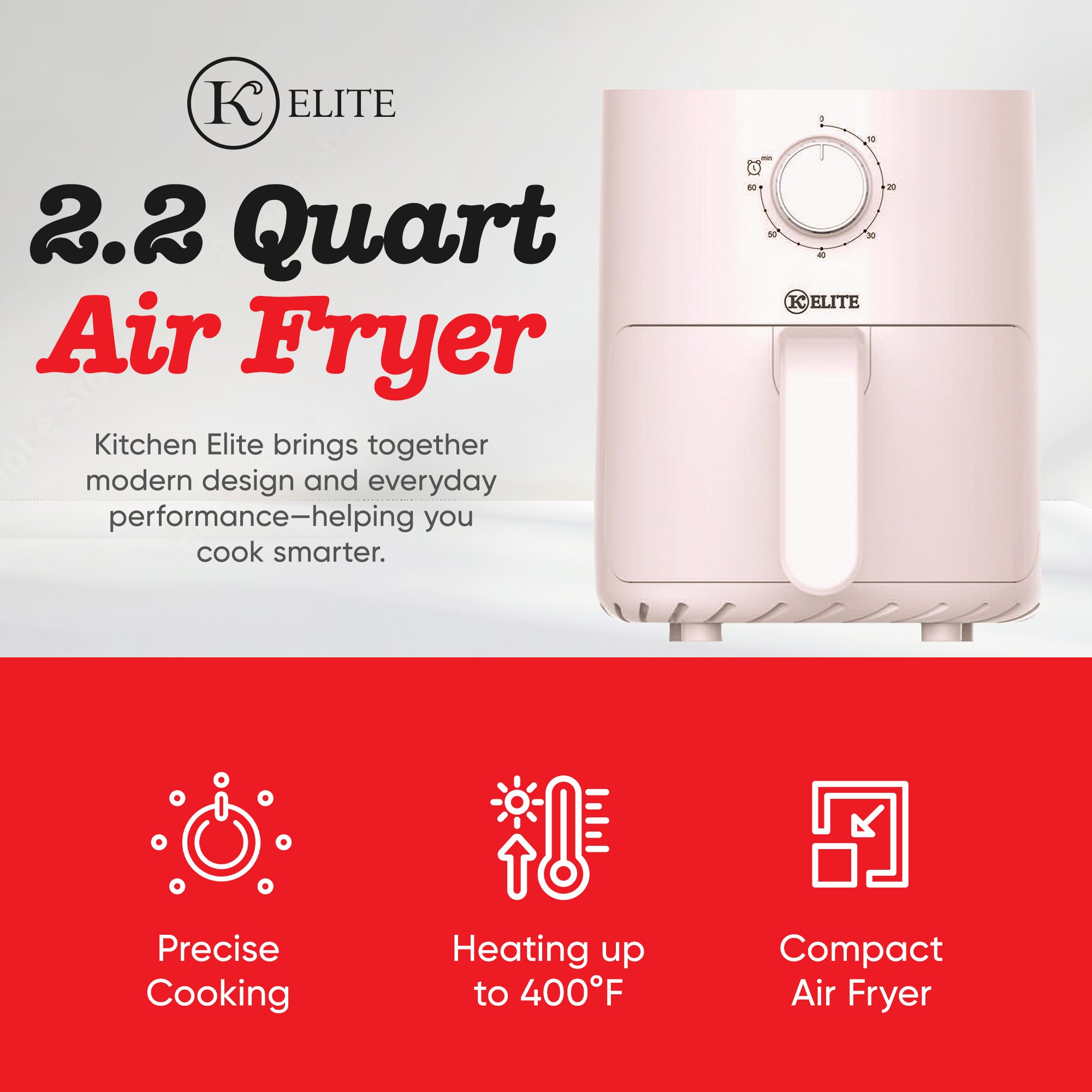Kitchen Elite 2.2 Qt Compact Mechanical Air Fryer, Manual Knob Controls, Pink - VMInnovations