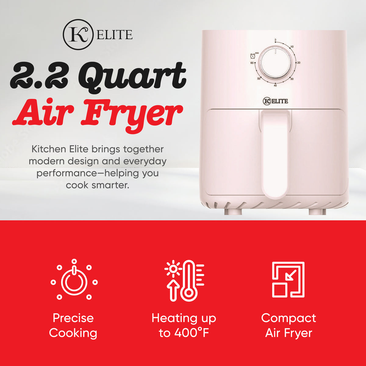 Kitchen Elite Compact Mechanical Air Fryer, Manual Knob Control, Pink (Open Box)