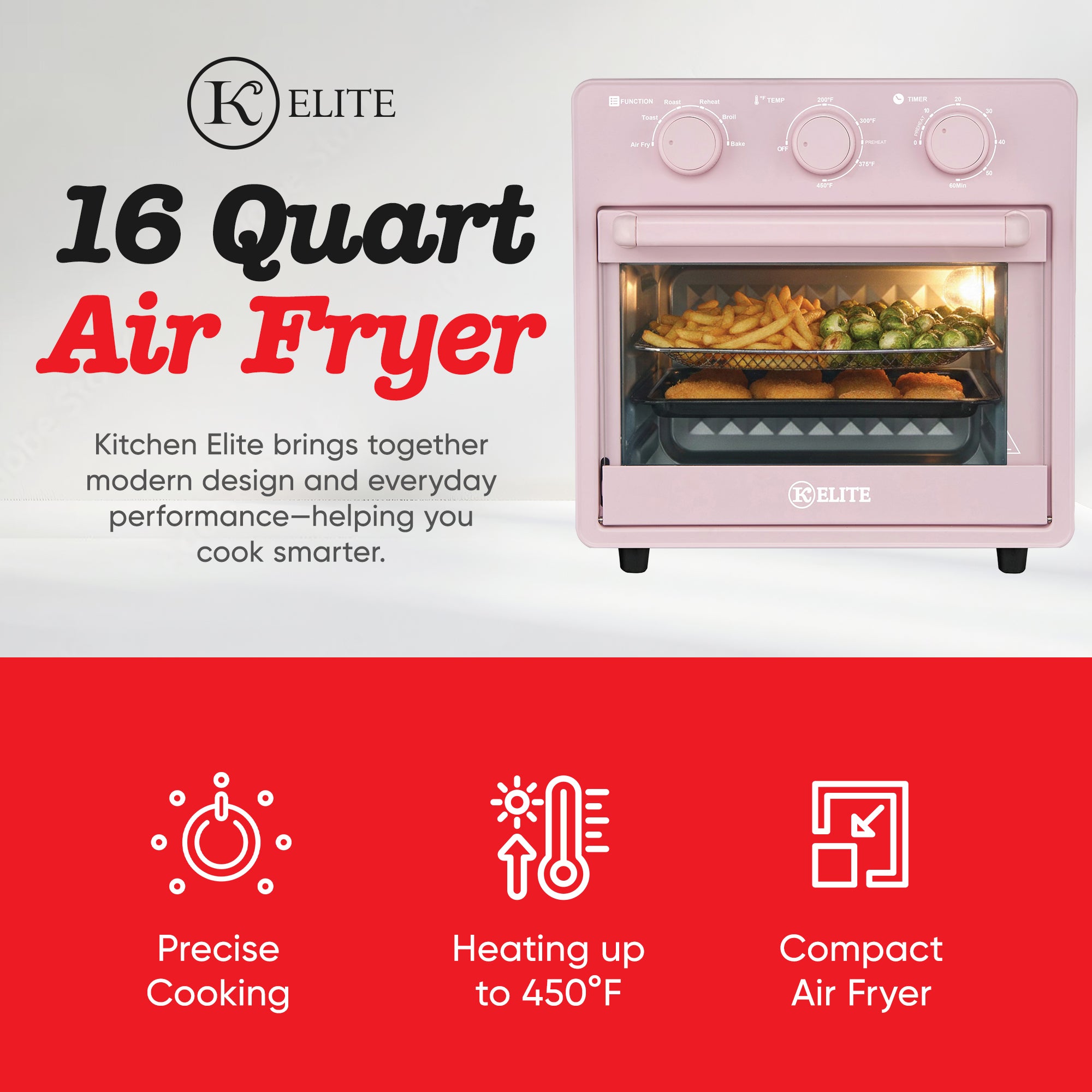 Kitchen Elite 16 Quart Mechanical Air Fryer Oven with Viewing Window, (Open Box)