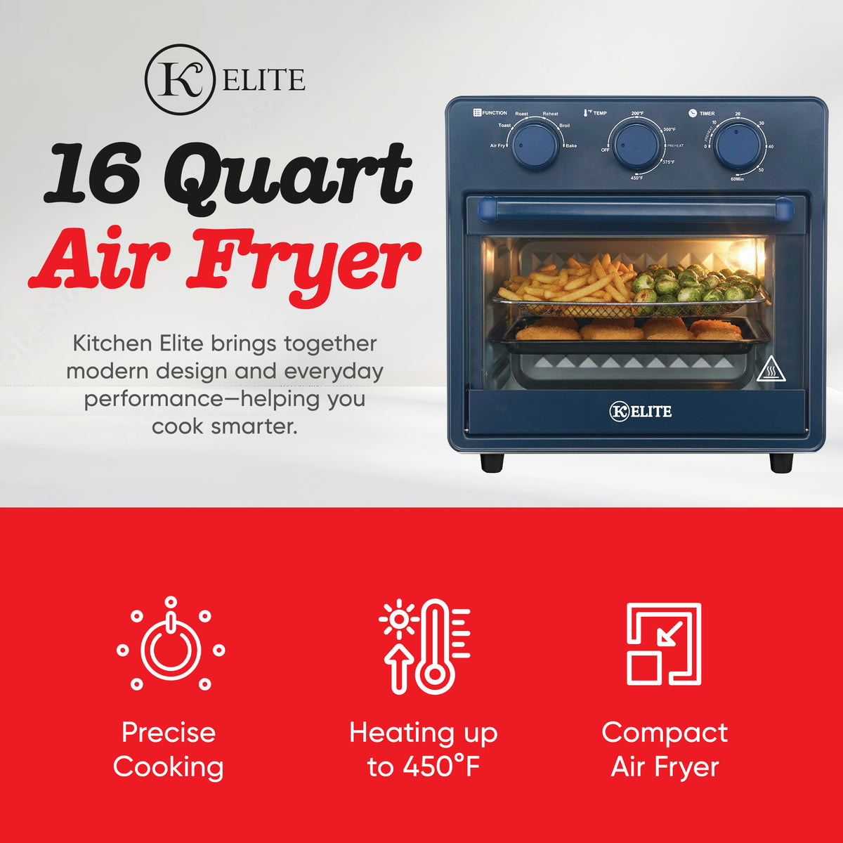 Kitchen Elite 16 Quart Mechanical Air Fryer Oven with Viewing Window, Blue (Open Box)