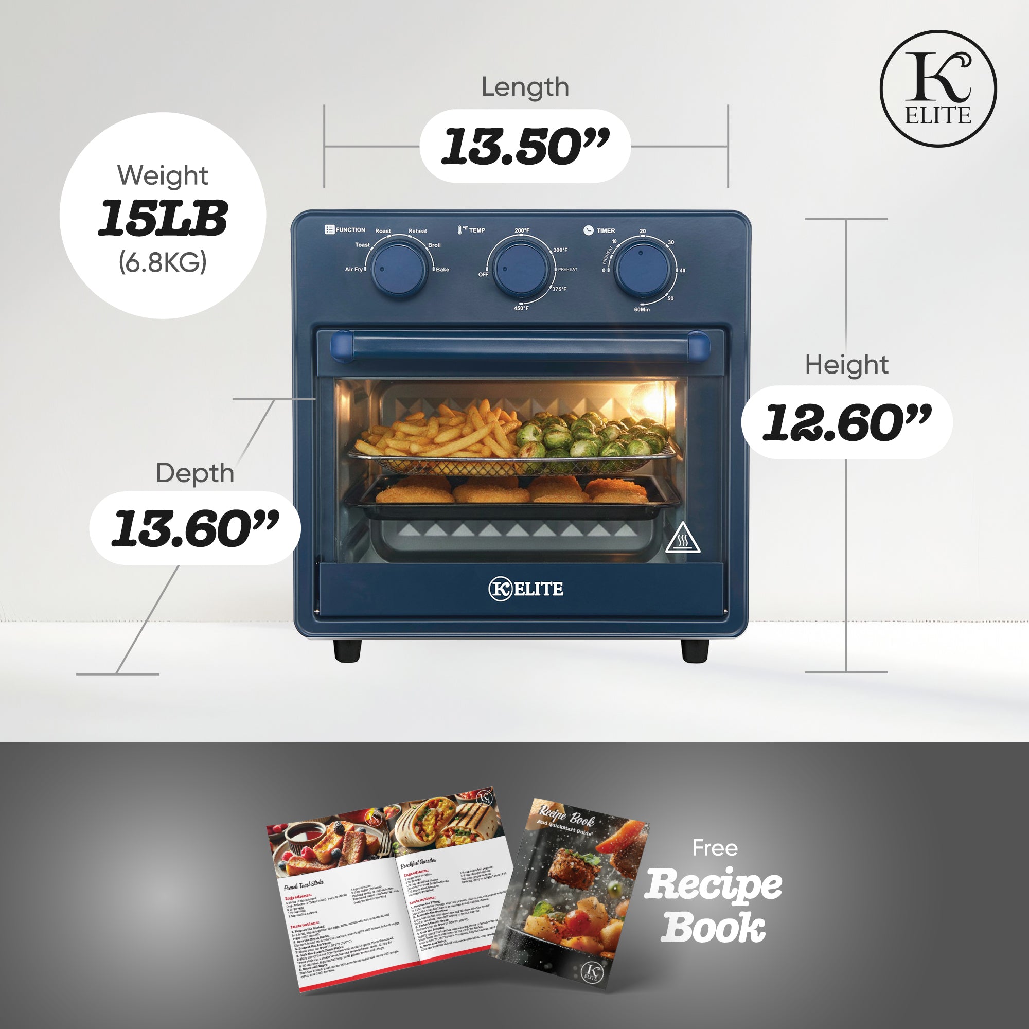 Kitchen Elite 16 Quart Mechanical Air Fryer Oven with Viewing Window, Blue - VMInnovations