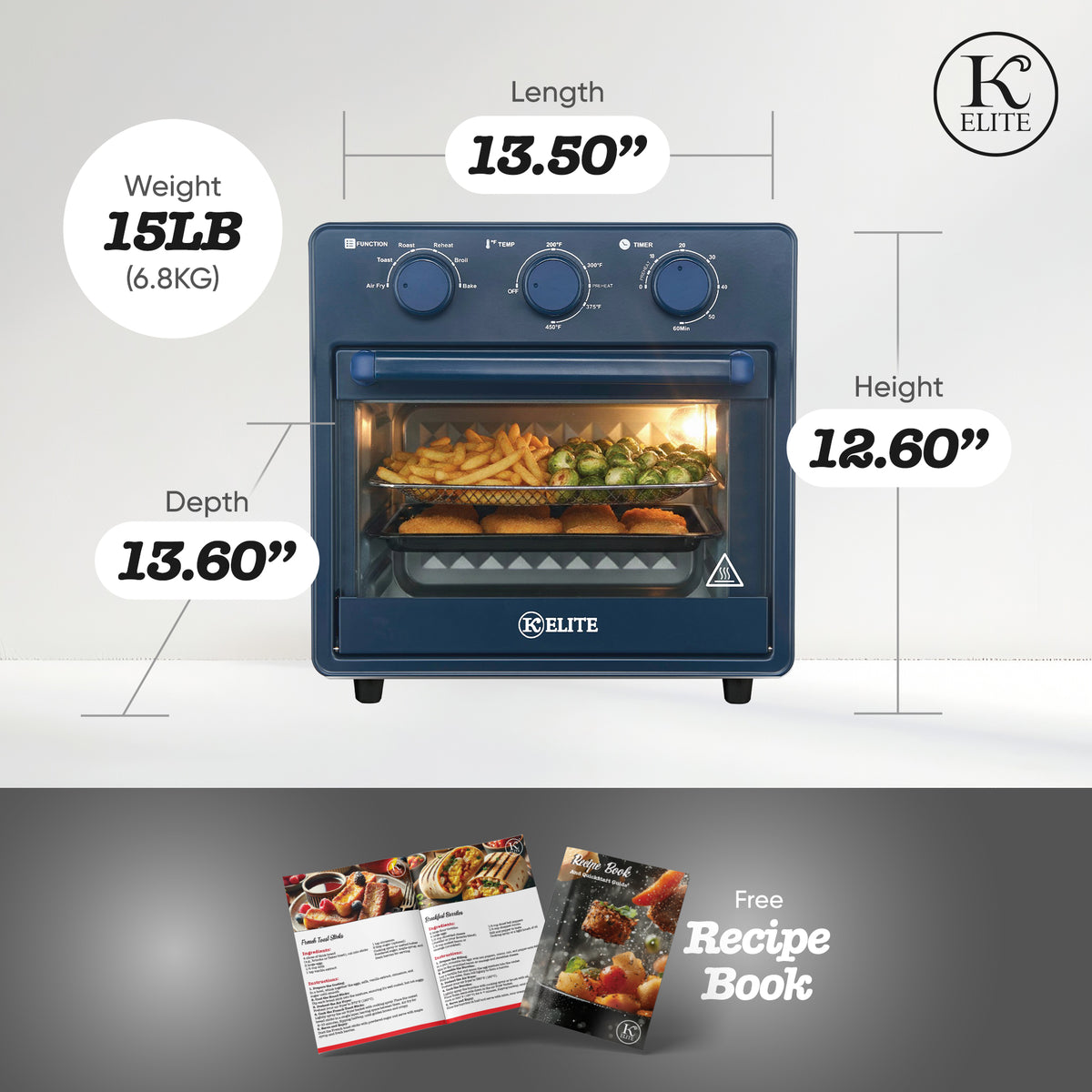 Kitchen Elite 16 Quart Mechanical Air Fryer Oven with Viewing Window, Blue (Open Box)