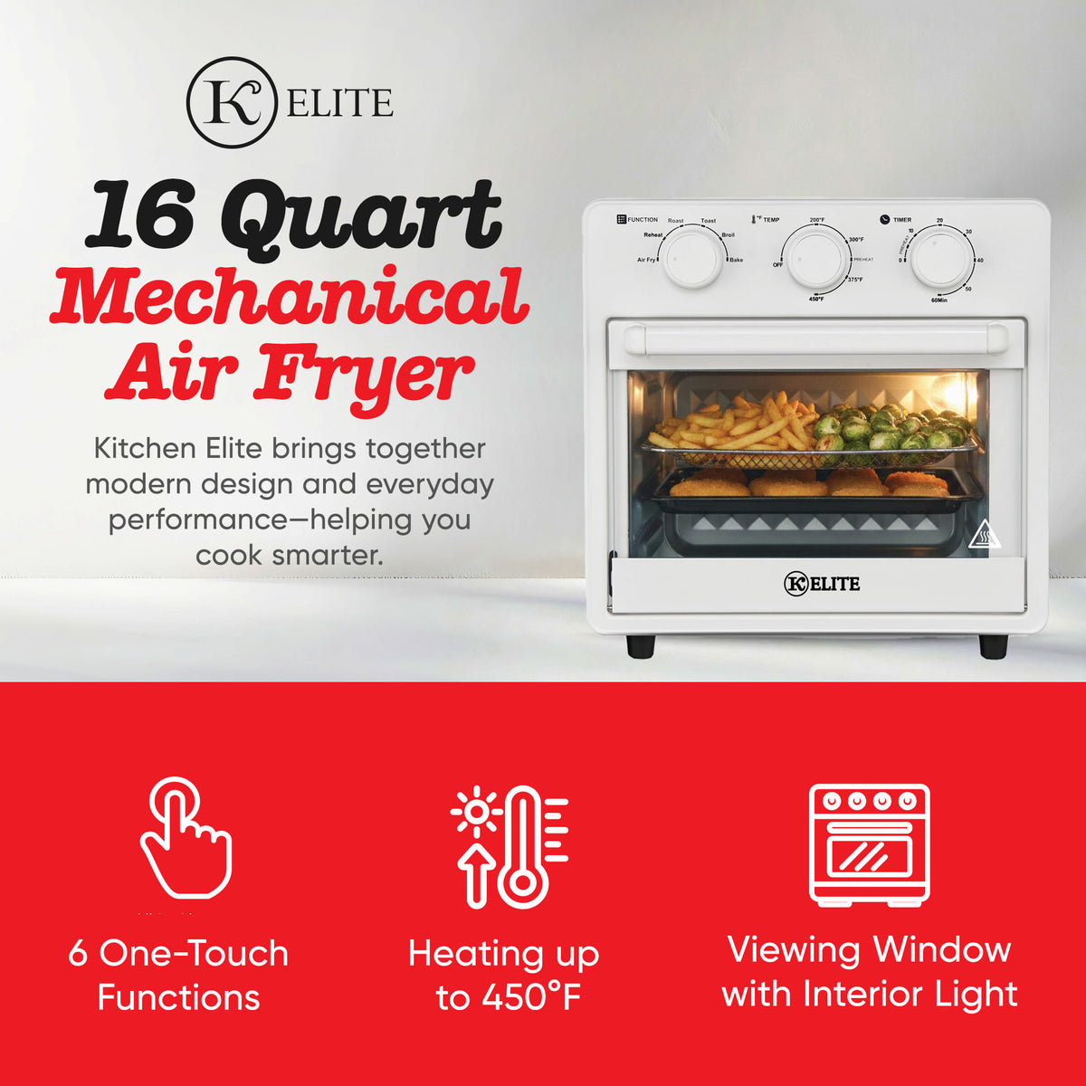 Kitchen Elite 16 Qt Mechanical Air Fryer Oven w Viewing Window, White (Open Box)