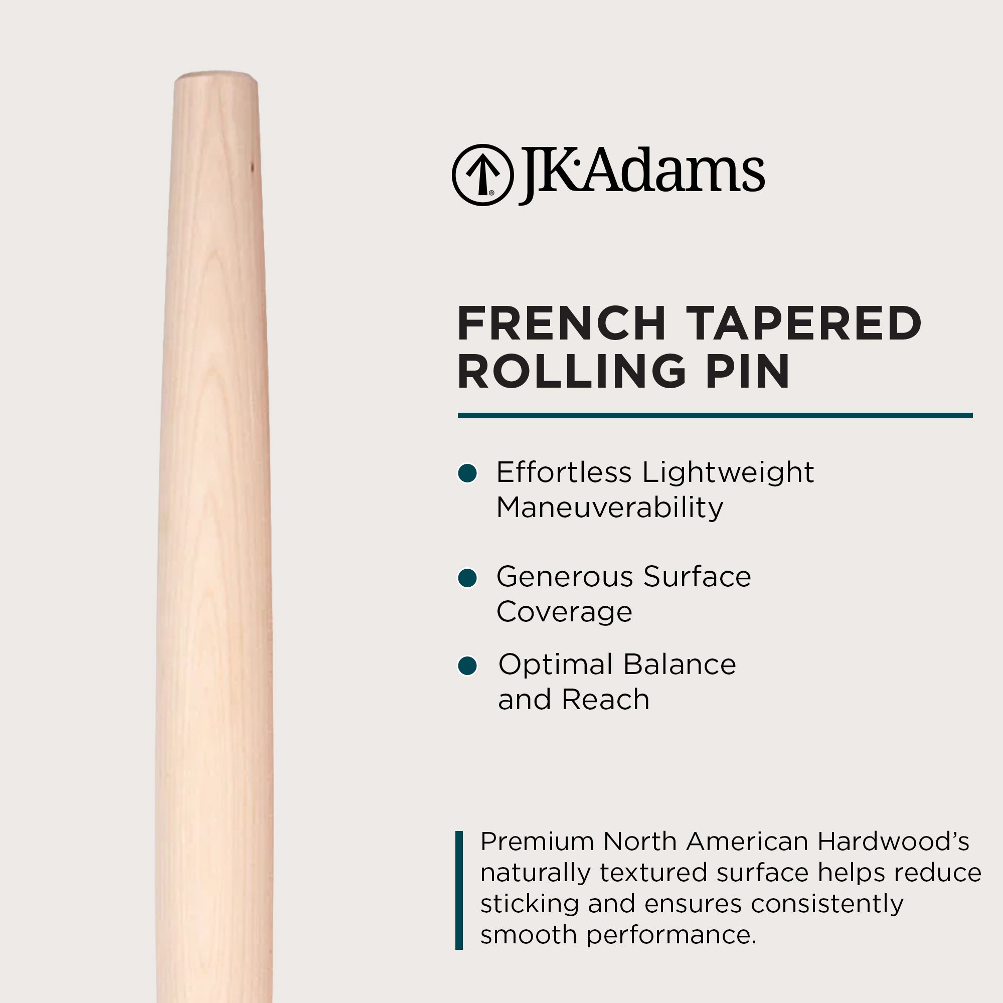 J.K. Adams French Tapered Rolling Pin, Lightweight Baking Dowel, 20.5" x 1.75" - VMInnovations