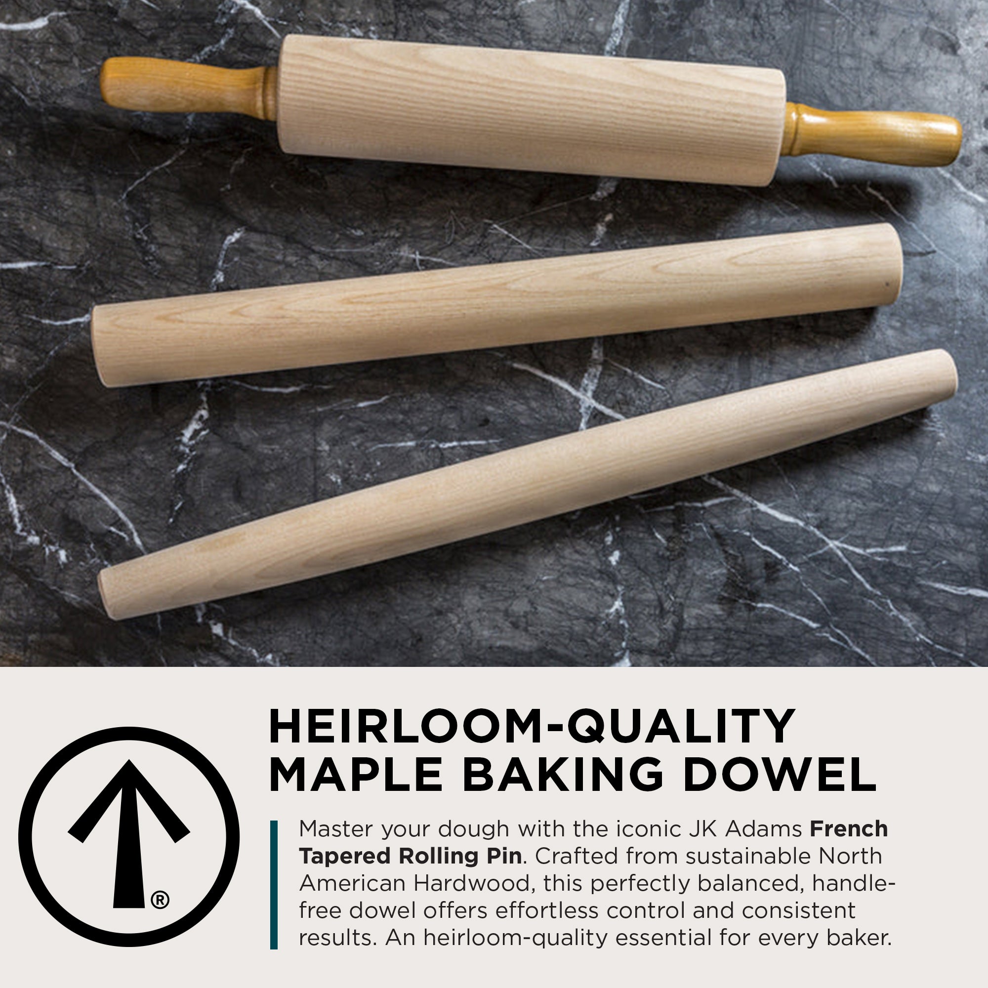 J.K. Adams French Tapered Rolling Pin, Lightweight Baking Dowel, 20.5" x 1.75" - VMInnovations