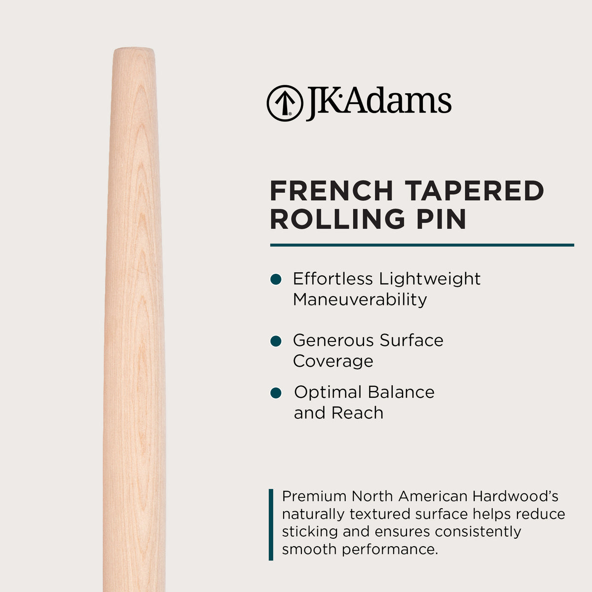 J.K. Adams French Tapered Rolling Pin, Lightweight Baking Dowel, 20.5" x 1.5"