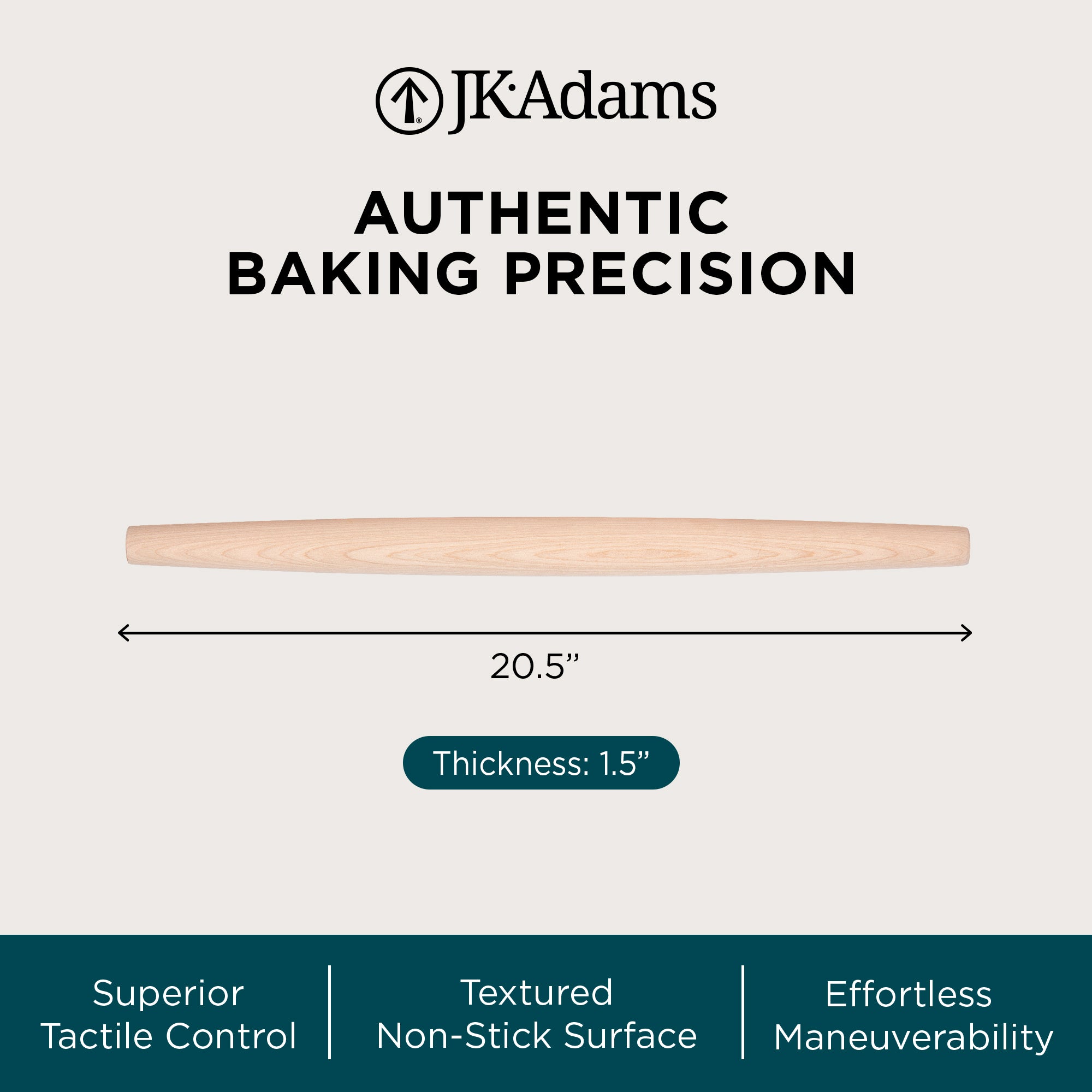 J.K. Adams French Tapered Rolling Pin, Lightweight Baking Dowel, 20.5" x 1.5" - VMInnovations