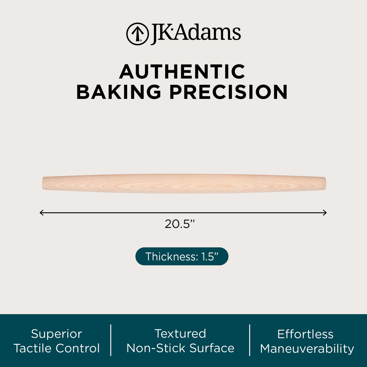 J.K. Adams French Tapered Rolling Pin, Lightweight Baking Dowel, 20.5" x 1.5"