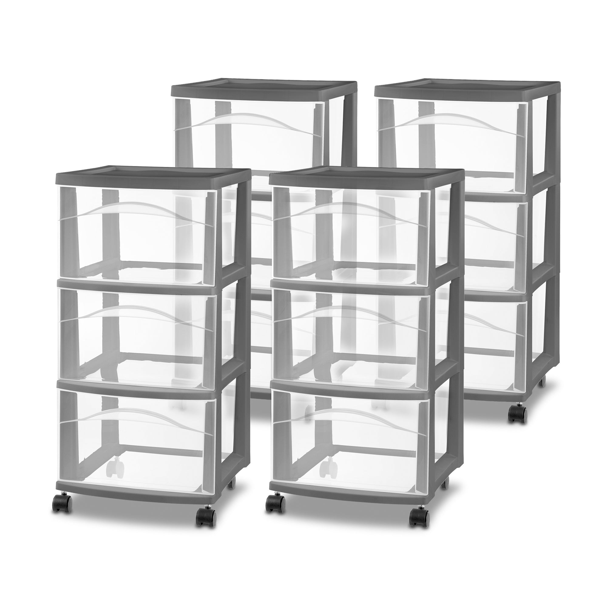 Sterilite 3 Drawer Storage Cart, Plastic Rolling Organization, Flat Gray, 4 Pack