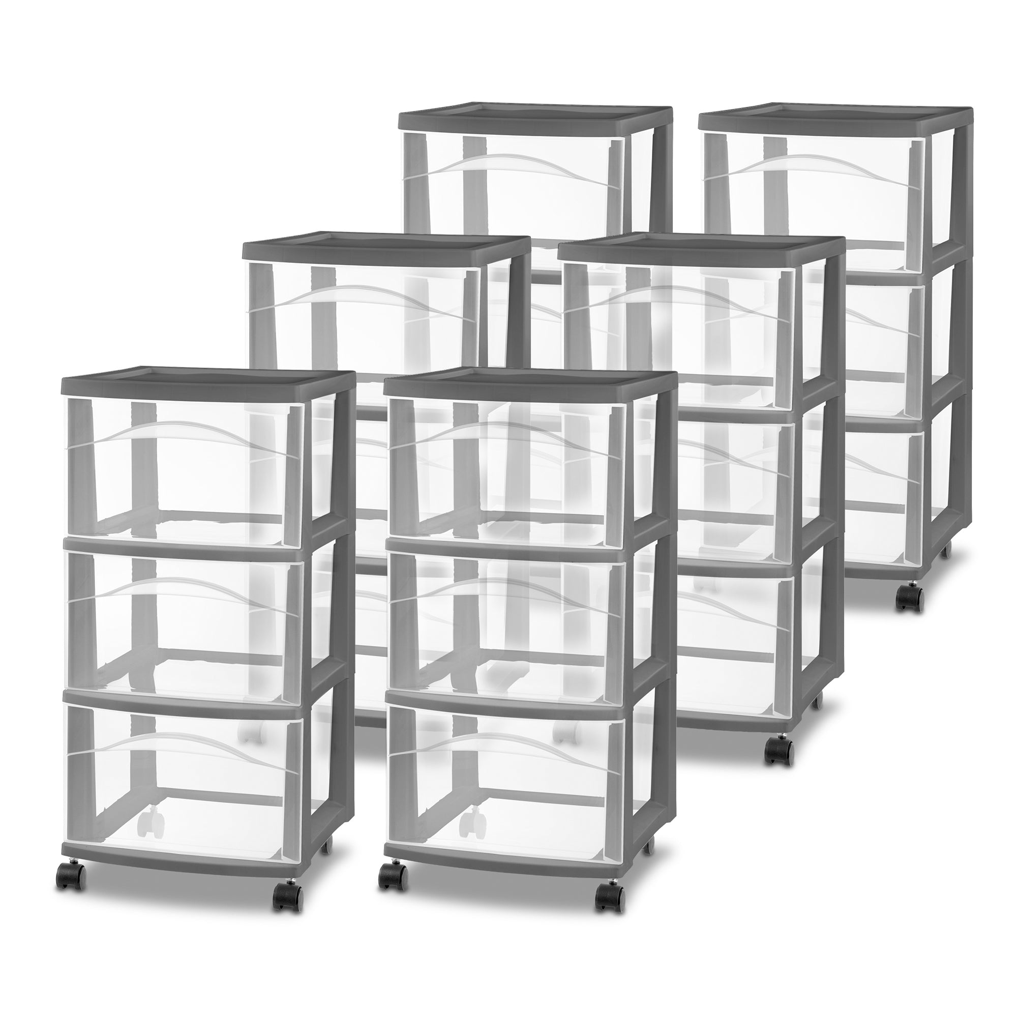 Sterilite 3 Drawer Storage Cart, Plastic Rolling Organization, Flat Gray, 6 Pack