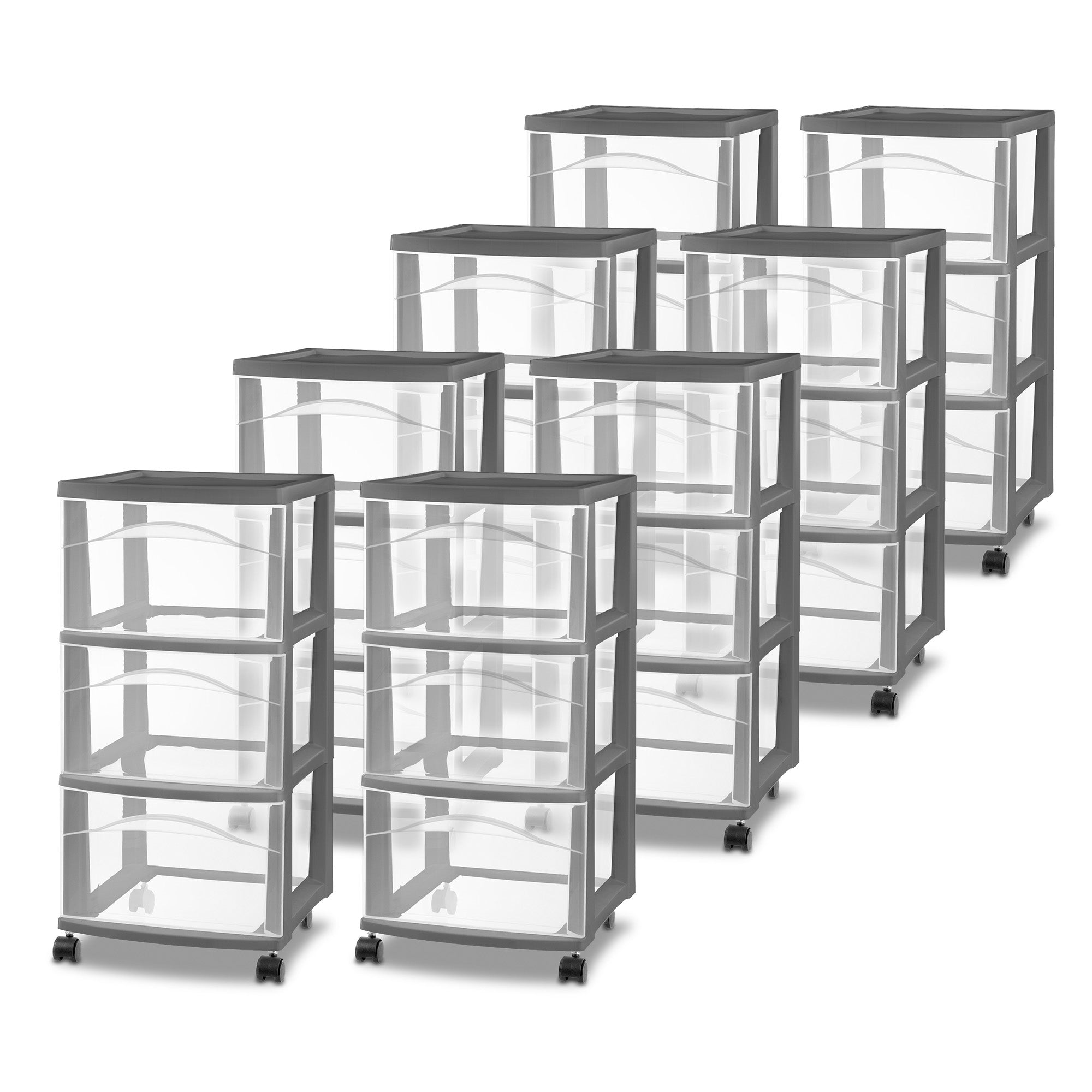 Sterilite 3 Drawer Storage Cart, Plastic Rolling Organization, Flat Gray, 8 Pack