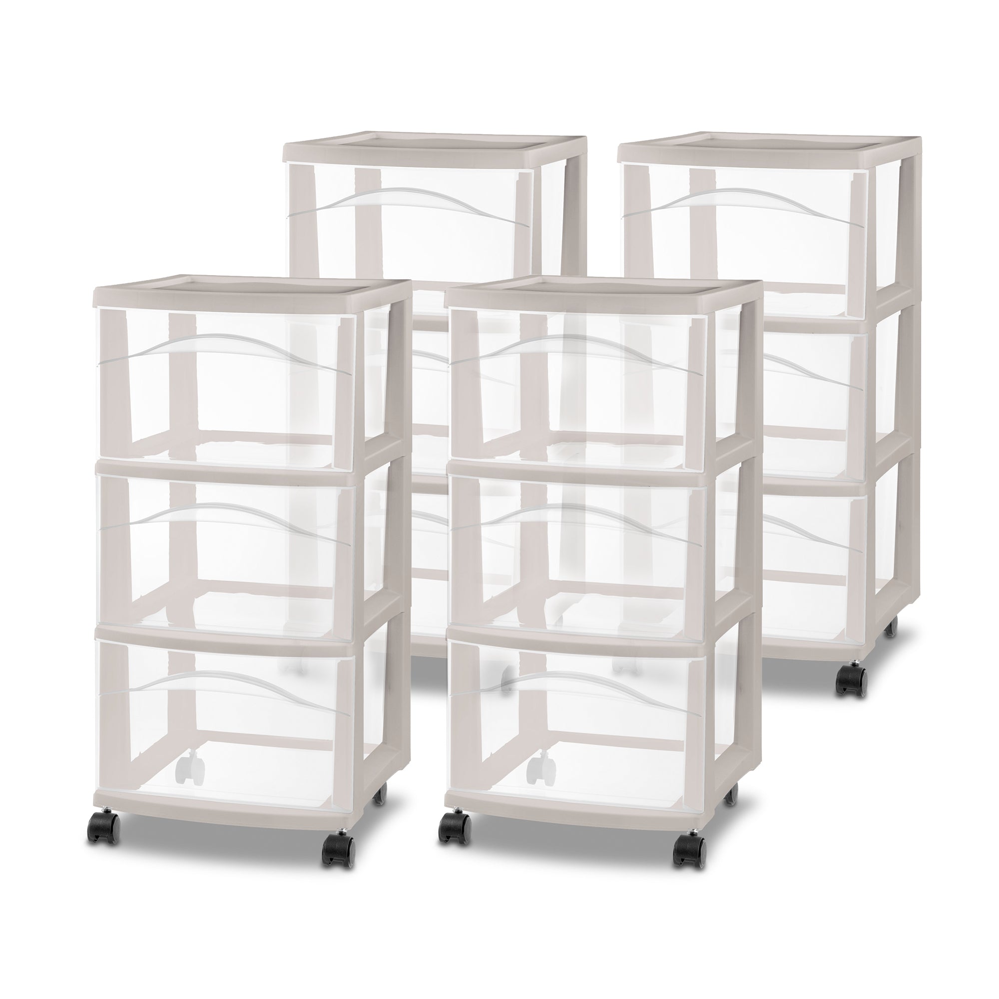 Sterilite 3 Drawer Storage Cart, Plastic Rolling Organization, Grey Pumice, 4 Pk