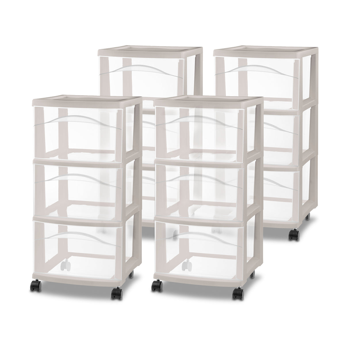 Sterilite 3 Drawer Storage Cart, Plastic Rolling Organization, Grey Pumice, 4 Pk