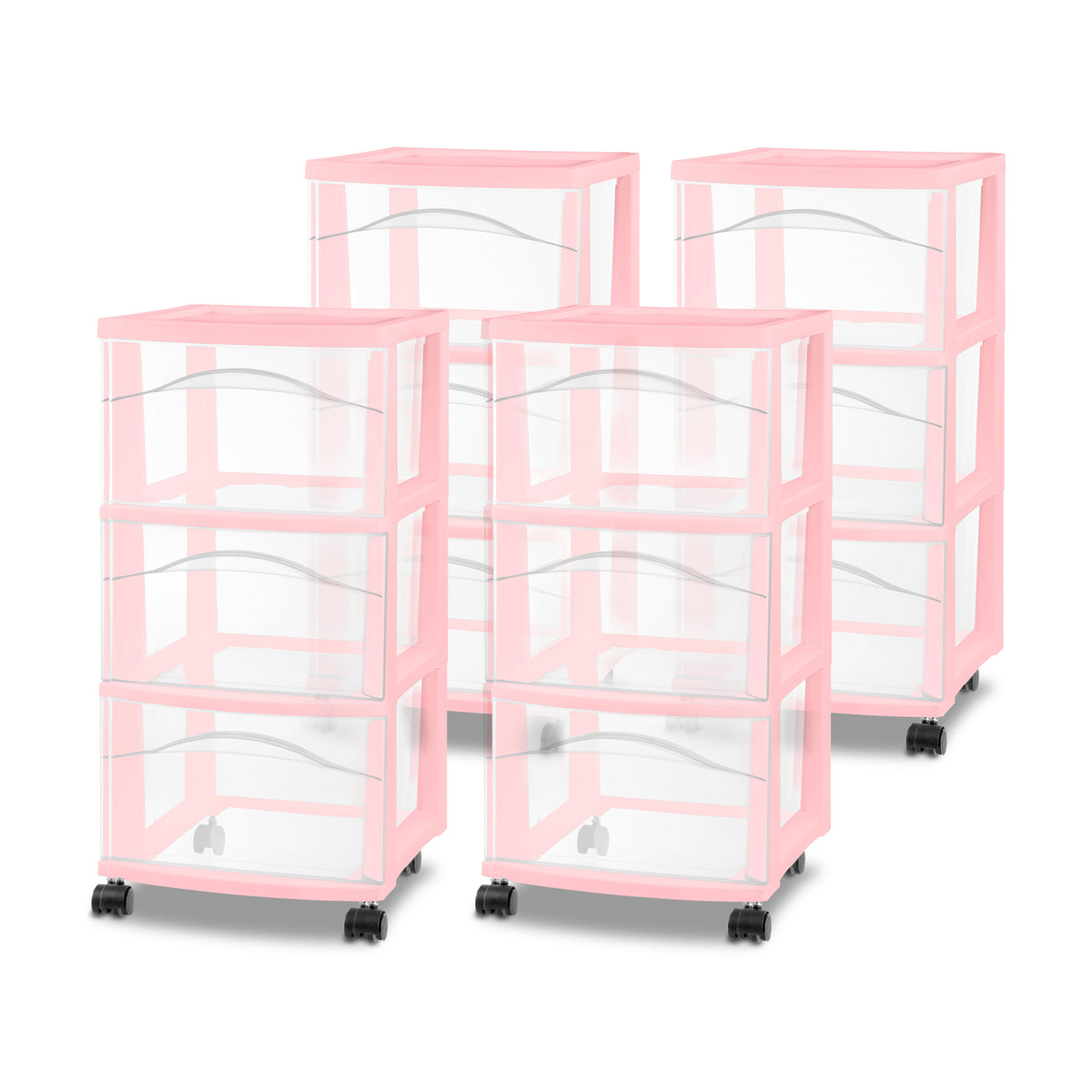 Sterilite 3 Drawer Storage Cart Plastic Rolling Organization, Pink Frost, 4 Pack