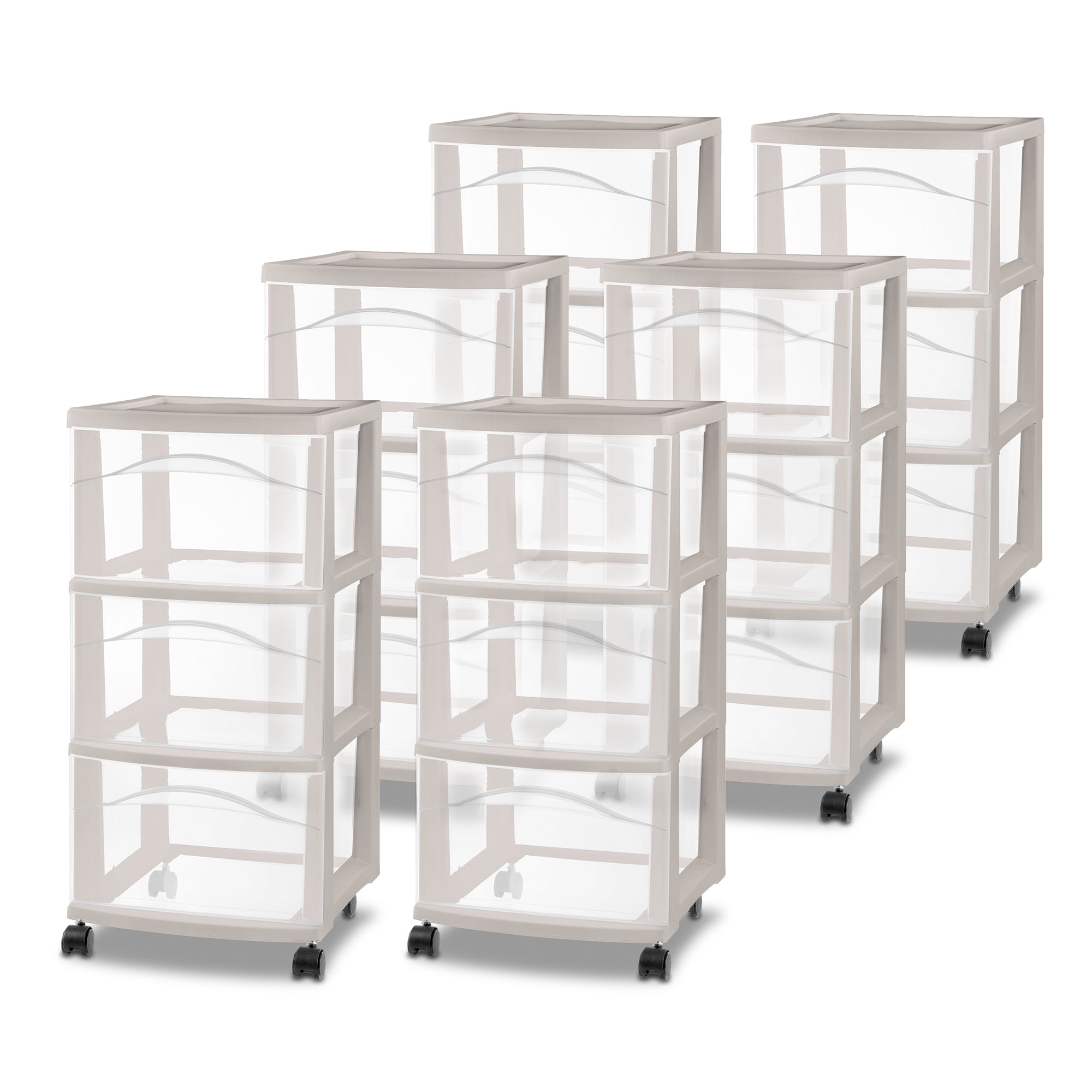 Sterilite 3 Drawer Storage Cart, Plastic Rolling Organization, Grey Pumice, 6 Pk