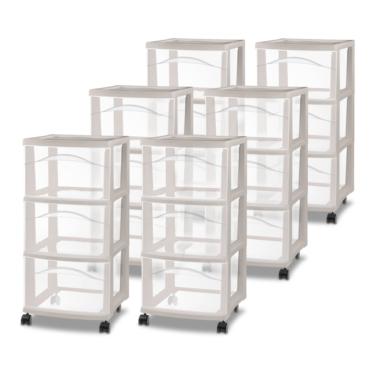 Sterilite 3 Drawer Storage Cart, Plastic Rolling Organization, Grey Pumice, 6 Pk