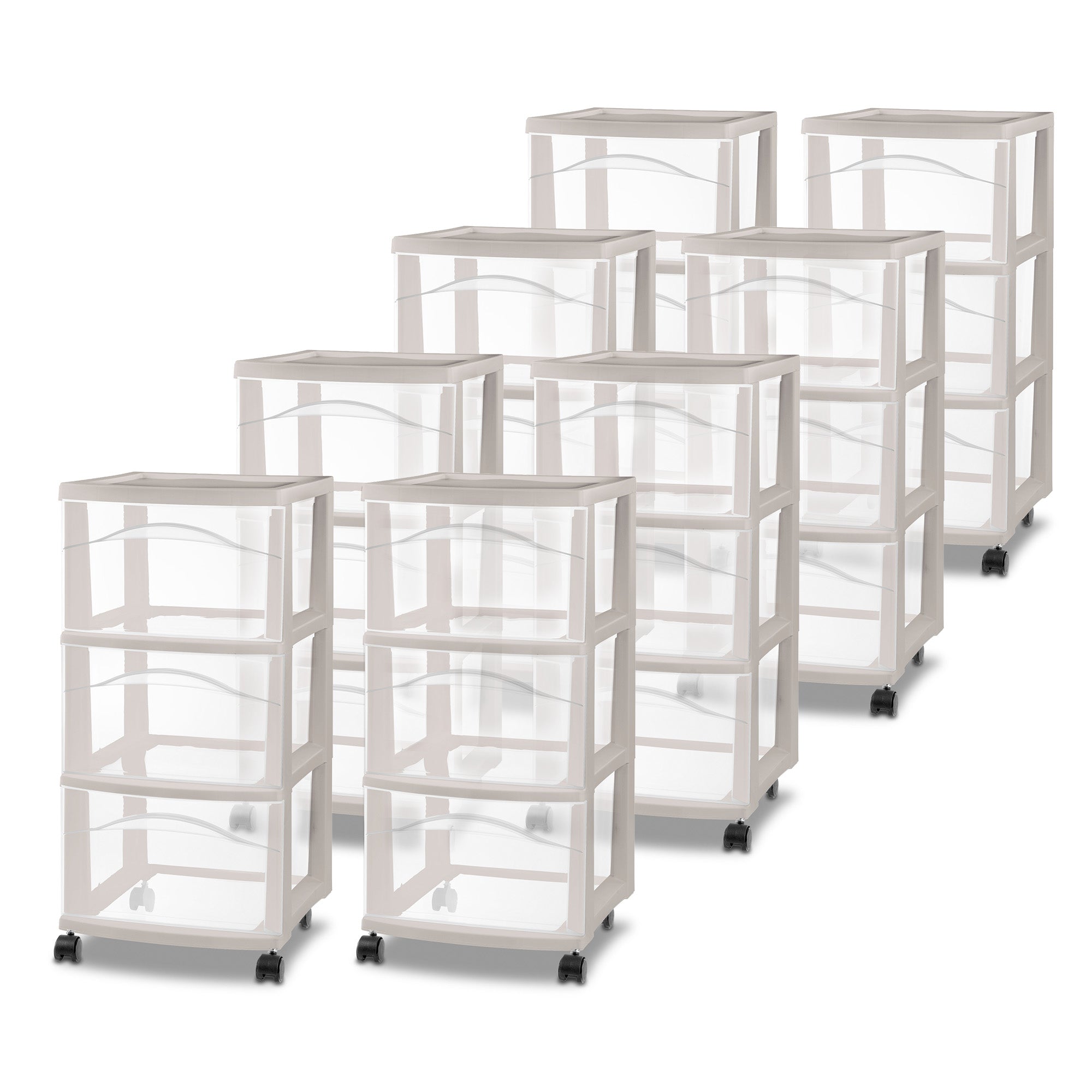 Sterilite 3 Drawer Storage Cart, Plastic Rolling Organization, Grey Pumice, 8 Pk