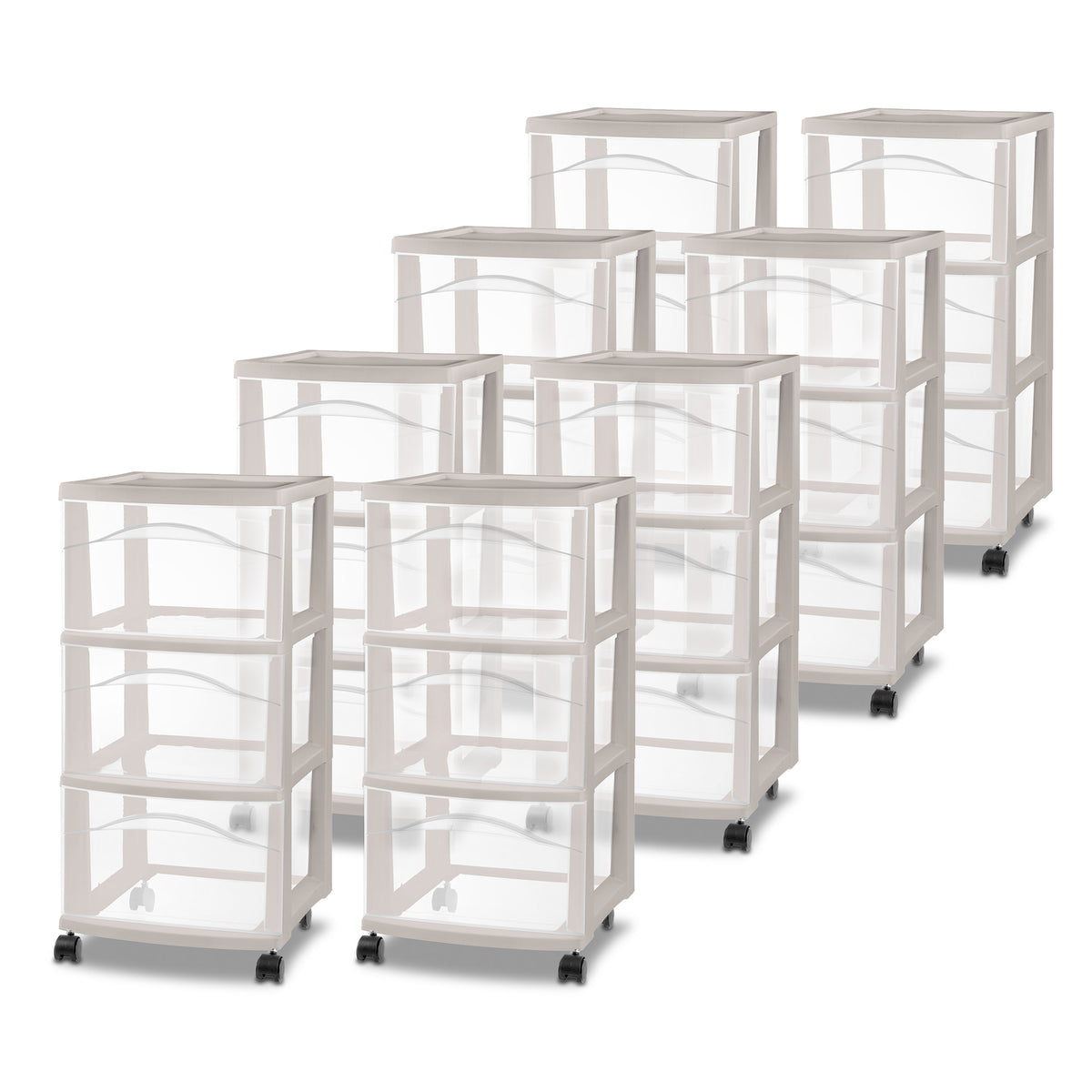 Sterilite 3 Drawer Storage Cart, Plastic Rolling Organization, Grey Pumice, 8 Pk