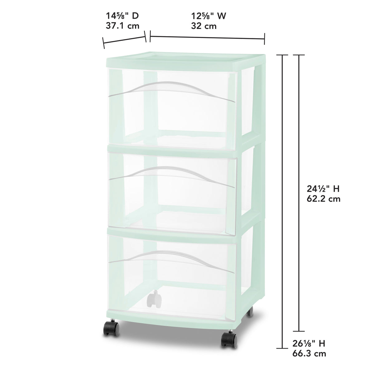Sterilite 3 Drawer Storage Cart, Plastic Rolling Organization Cart, Mint, 4 Pack