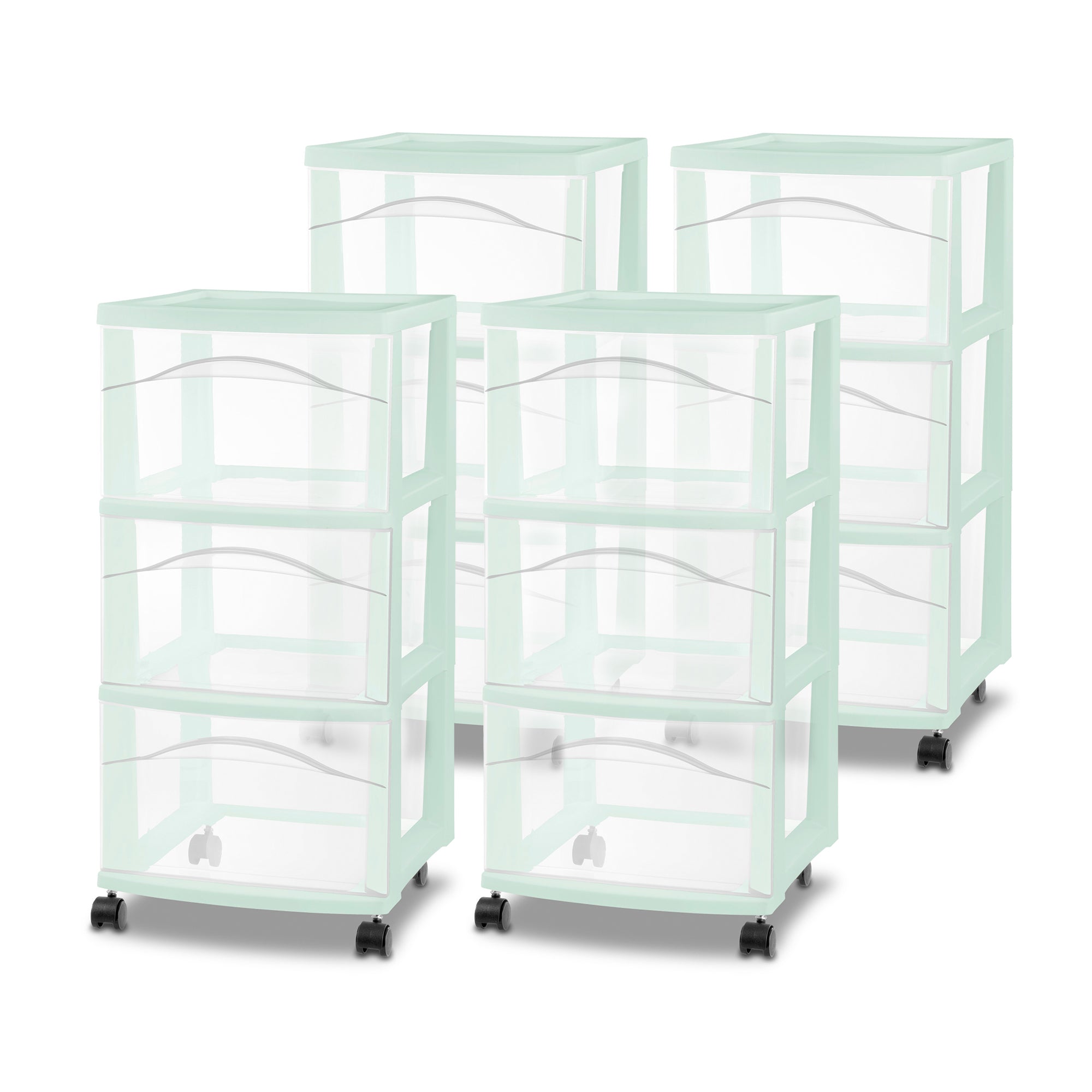 Sterilite 3 Drawer Storage Cart, Plastic Rolling Organization Cart, Mint, 4 Pack