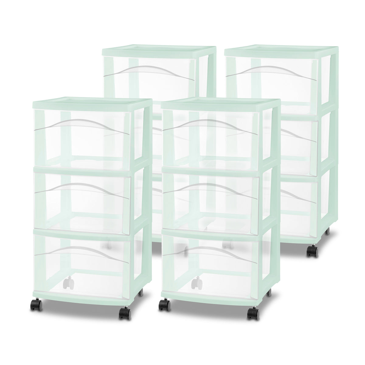 Sterilite 3 Drawer Storage Cart, Plastic Rolling Organization Cart, Mint, 4 Pack