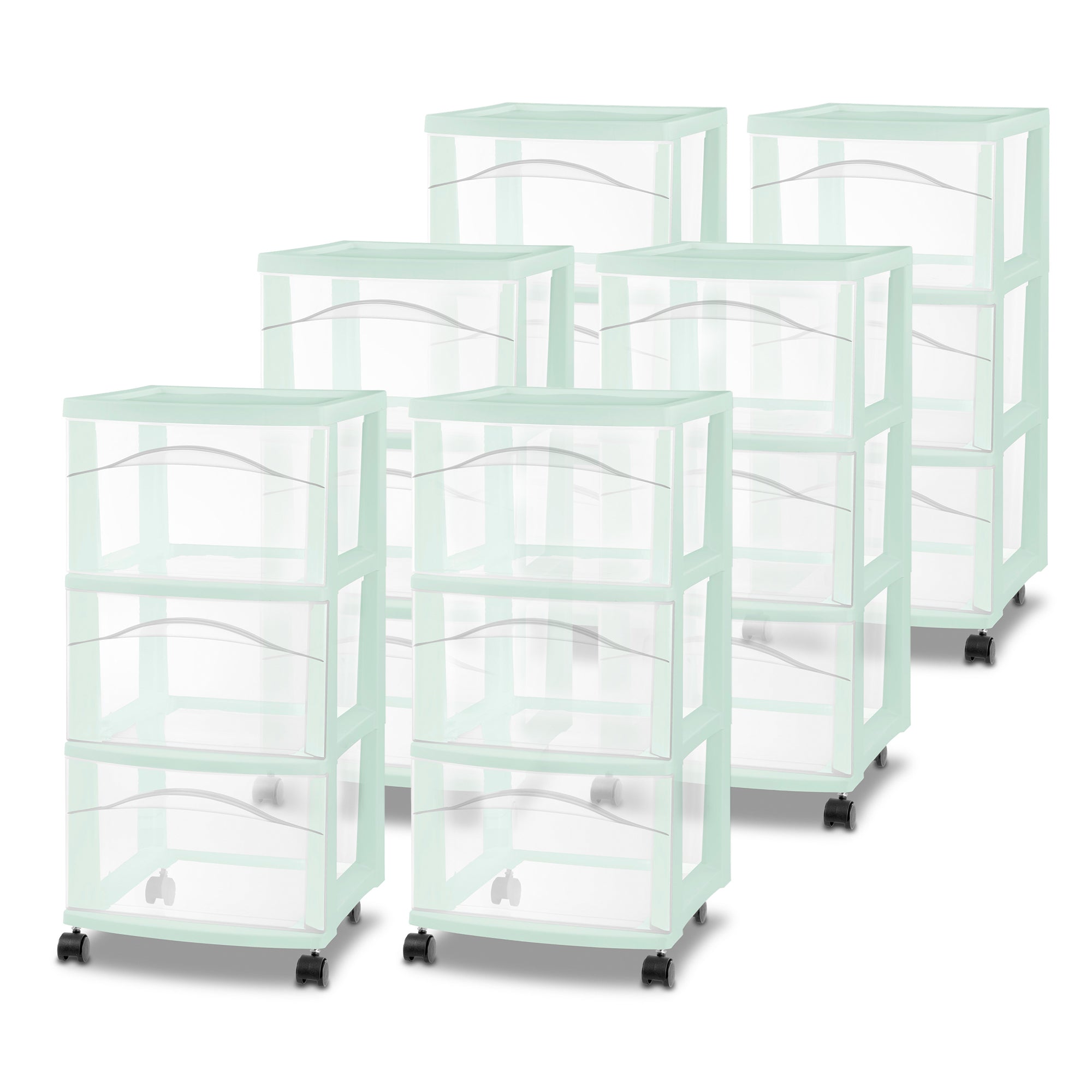 Sterilite 3 Drawer Storage Cart, Plastic Rolling Organization Cart, Mint, 6 Pack