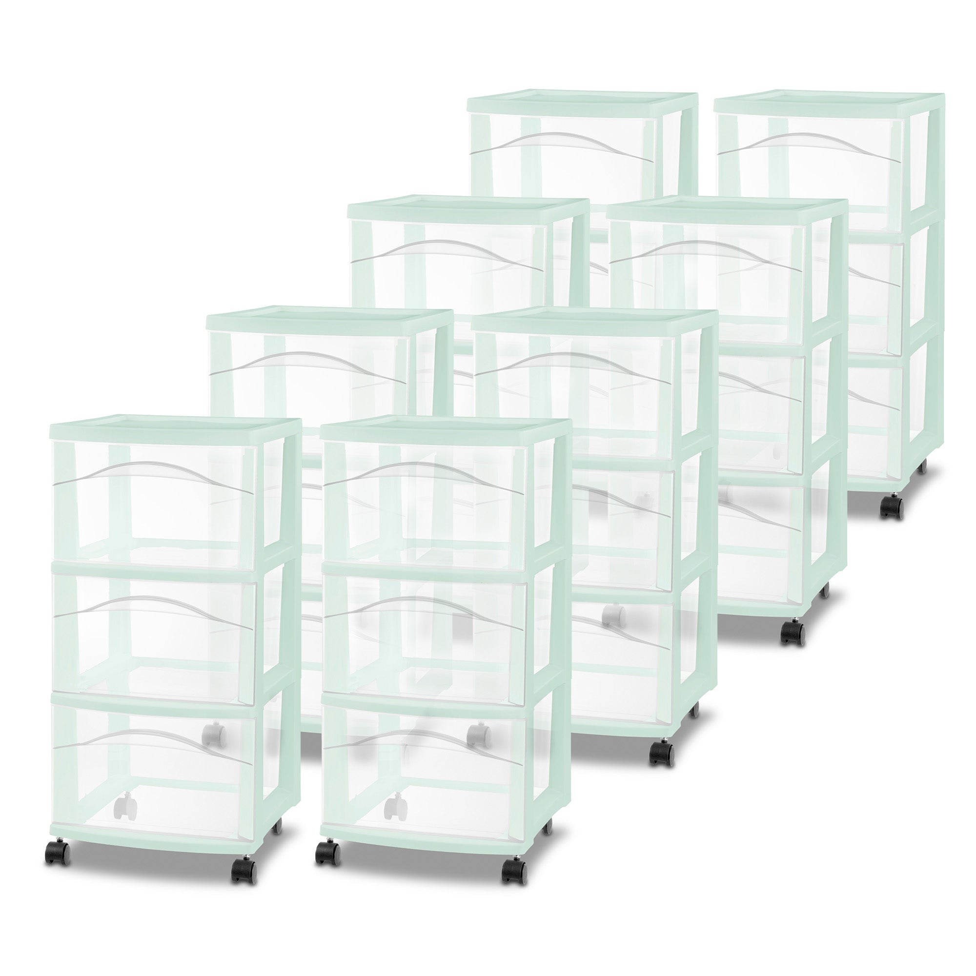 Sterilite 3 Drawer Storage Cart, Plastic Rolling Organization Cart, Mint, 8 Pack