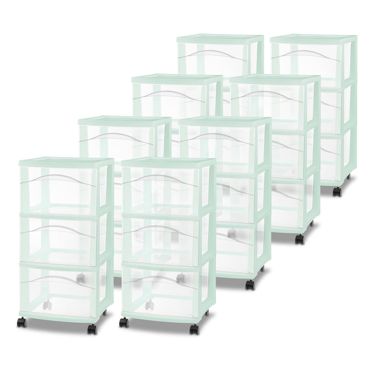 Sterilite 3 Drawer Storage Cart, Plastic Rolling Organization Cart, Mint, 8 Pack