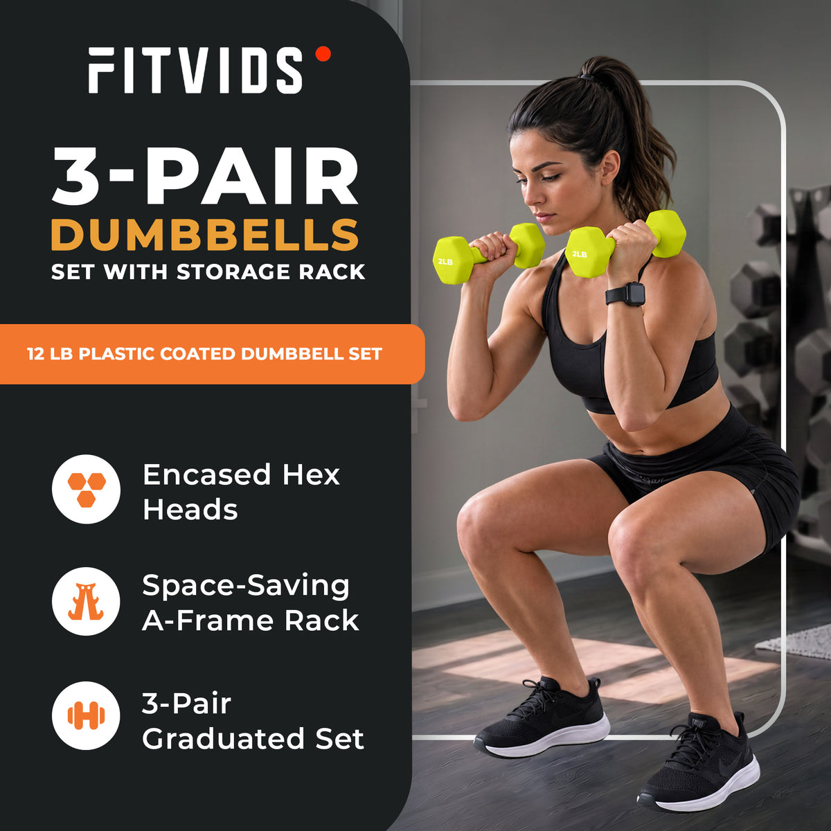 Fitvids 1, 2, and 3 lb Neoprene Dumbbell Set with Non-Slip Grip & Rack, 3 Pairs