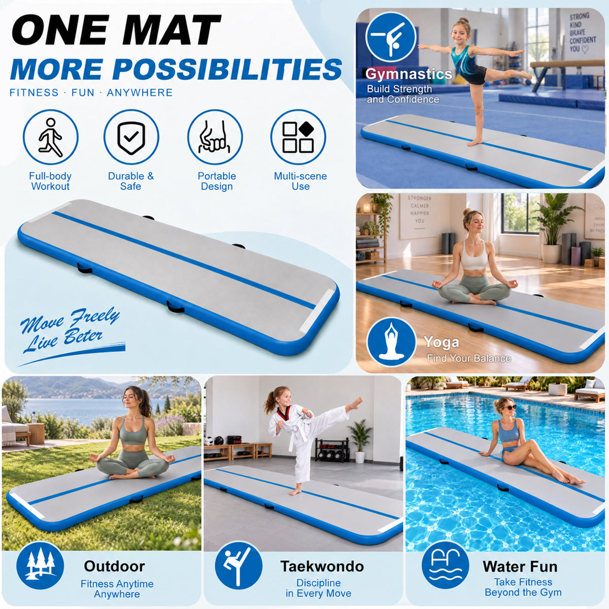 Fitvids 10 Ft Inflatable Gymnastics Mat, Air Track Mat with Electric Pump, Blue