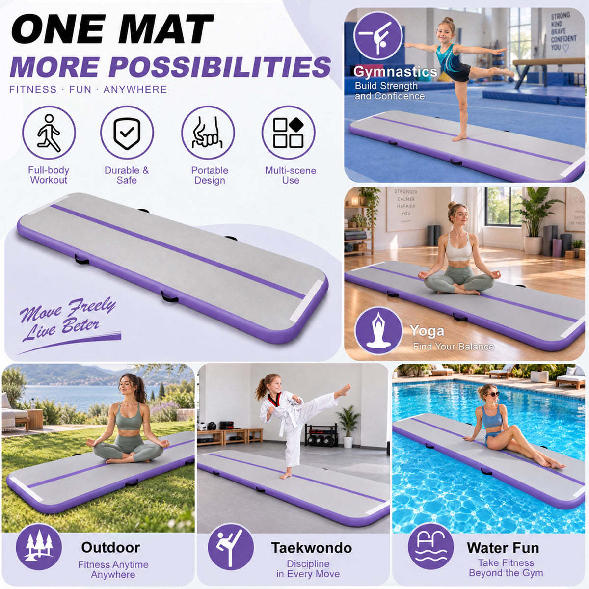 Fitvids 10 Ft Inflatable Gymnastics Mat, Air Track Mat, Electric Pump, Purple