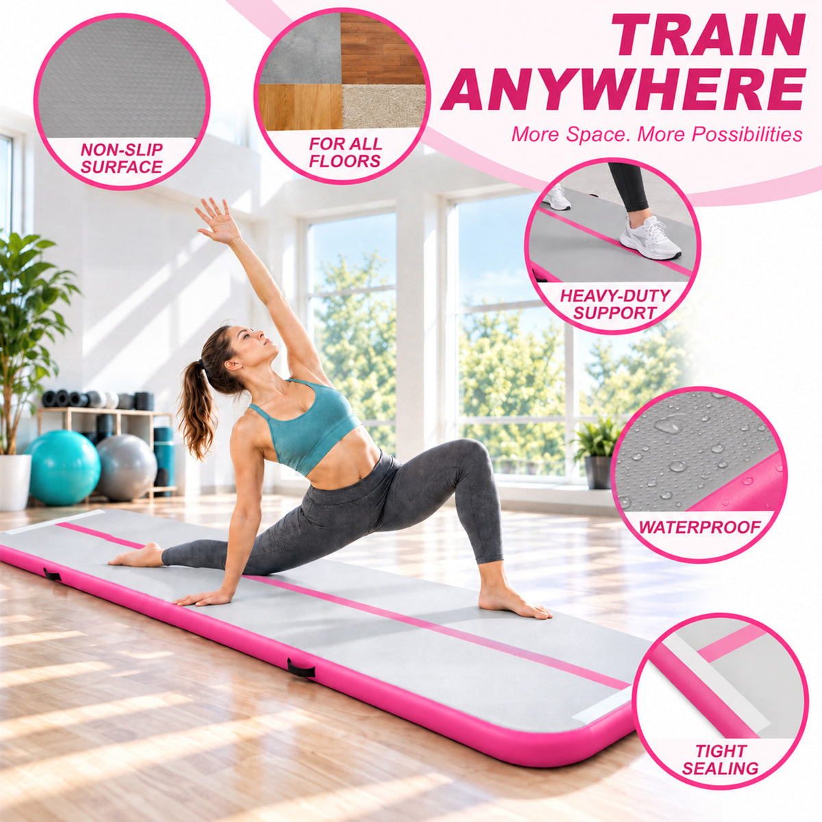Fitvids 10 Ft Inflatable Gymnastics Mat, Air Track Mat with Electric Pump, Pink