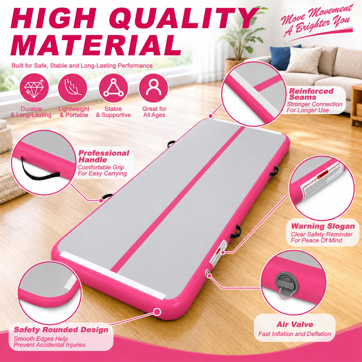 Fitvids 10 Ft Inflatable Gymnastics Mat, Air Track Mat with Electric Pump, Pink