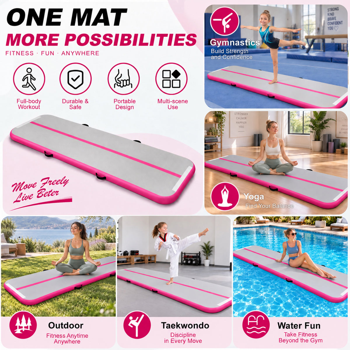 Fitvids 10 Ft Inflatable Gymnastics Mat, Air Track Mat with Electric Pump, Pink