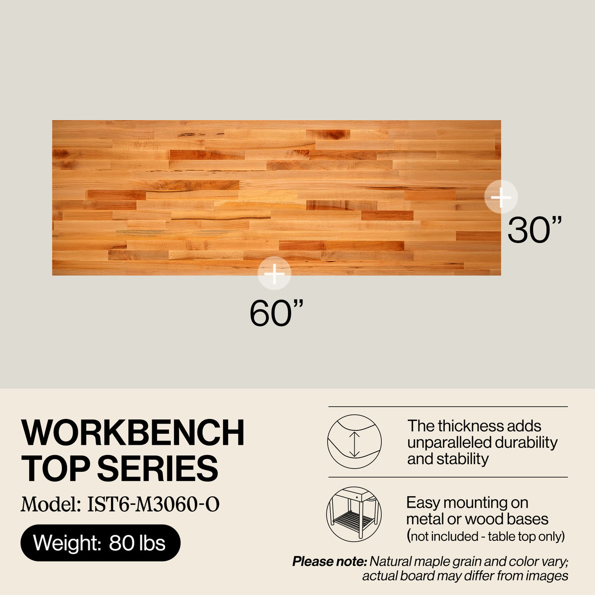 John Boos 60-Inch Workbench Top, Sturdy and Durable for Shop Work, Maple Wood - VMInnovations